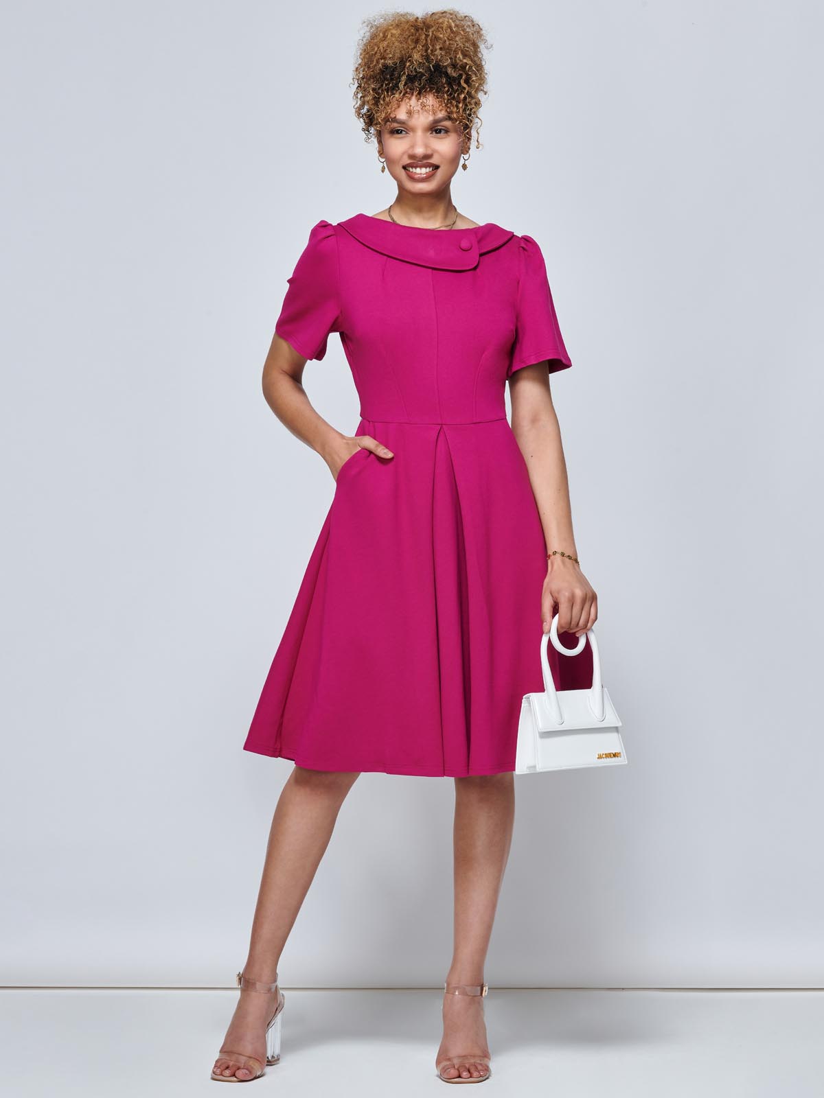 Sophia Button Collar Dress, Hot Pink