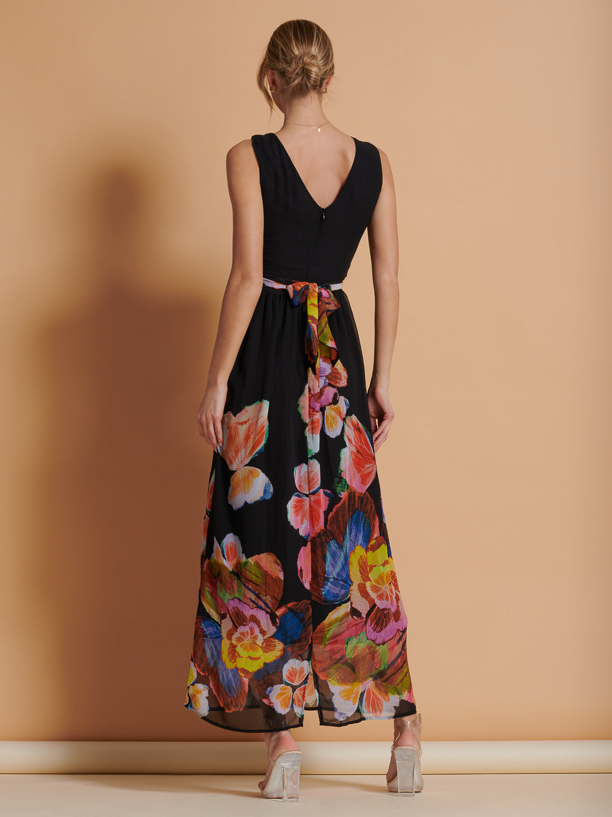 Printed Chiffon Maxi Dress, Black Multi