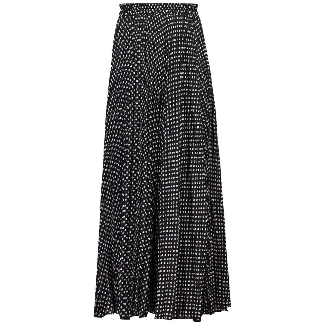 Pleated Chiffon Maxi Skirt, Black Polka