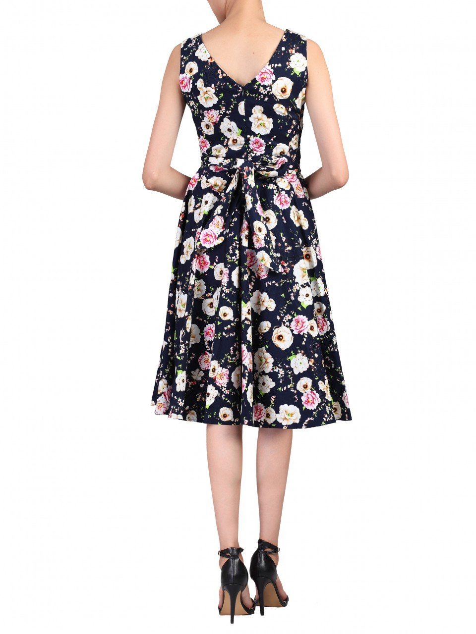 Copy of Floral Print Crossover Belted Dress, Navy Floral