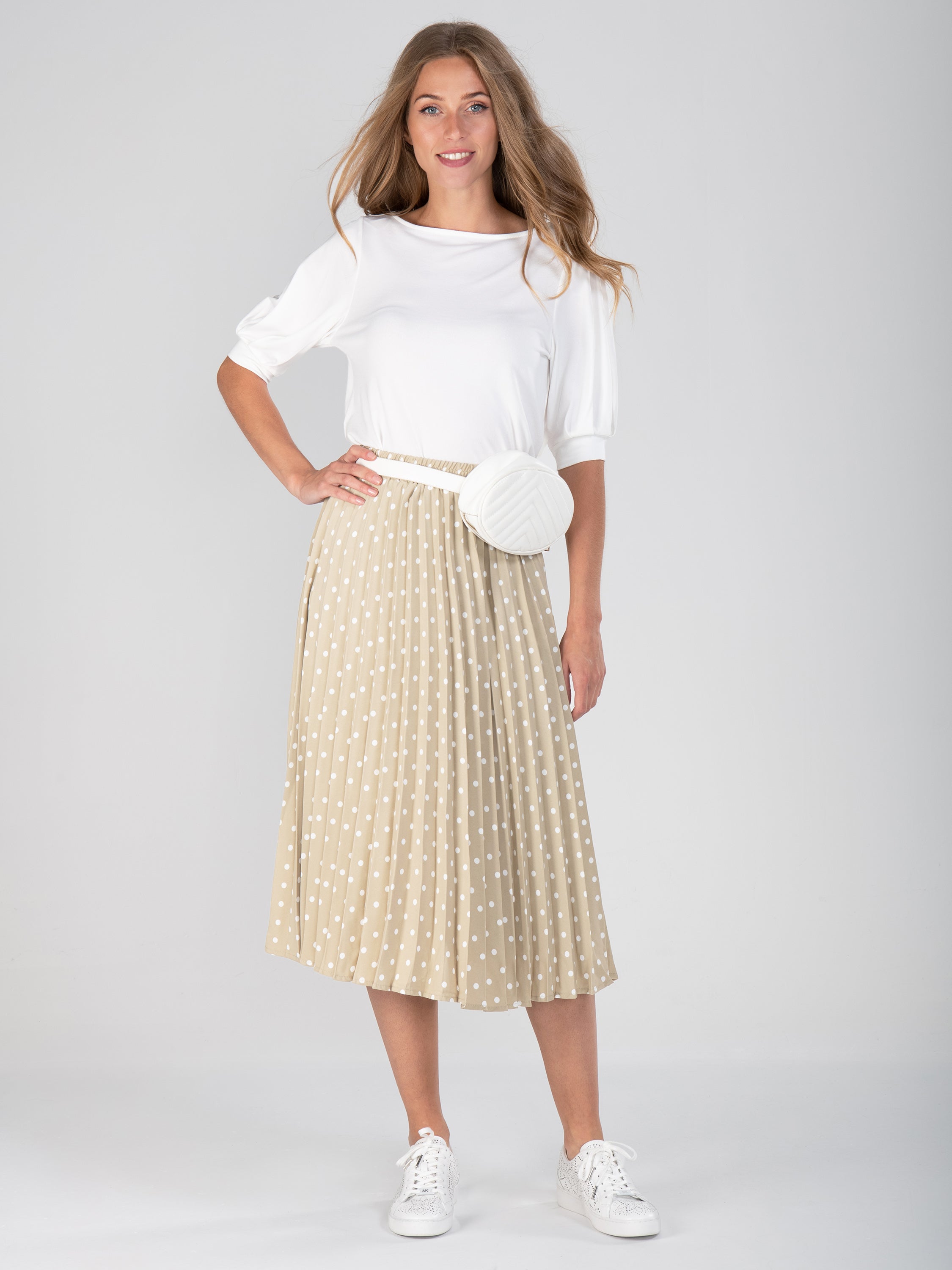 Spotty Pleated Midi Skirt , Taupe