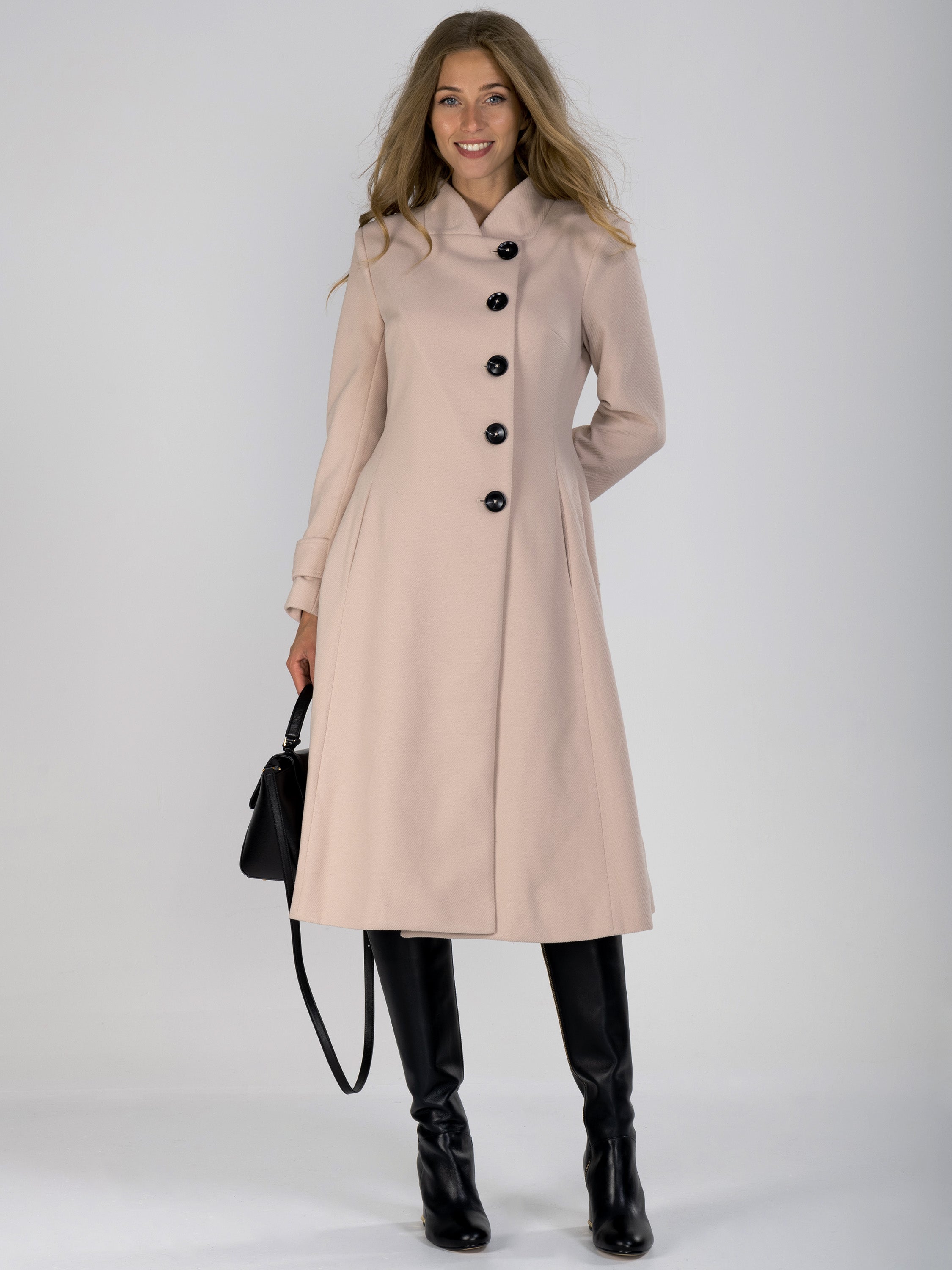 Button Front Flared Coat, Oyster