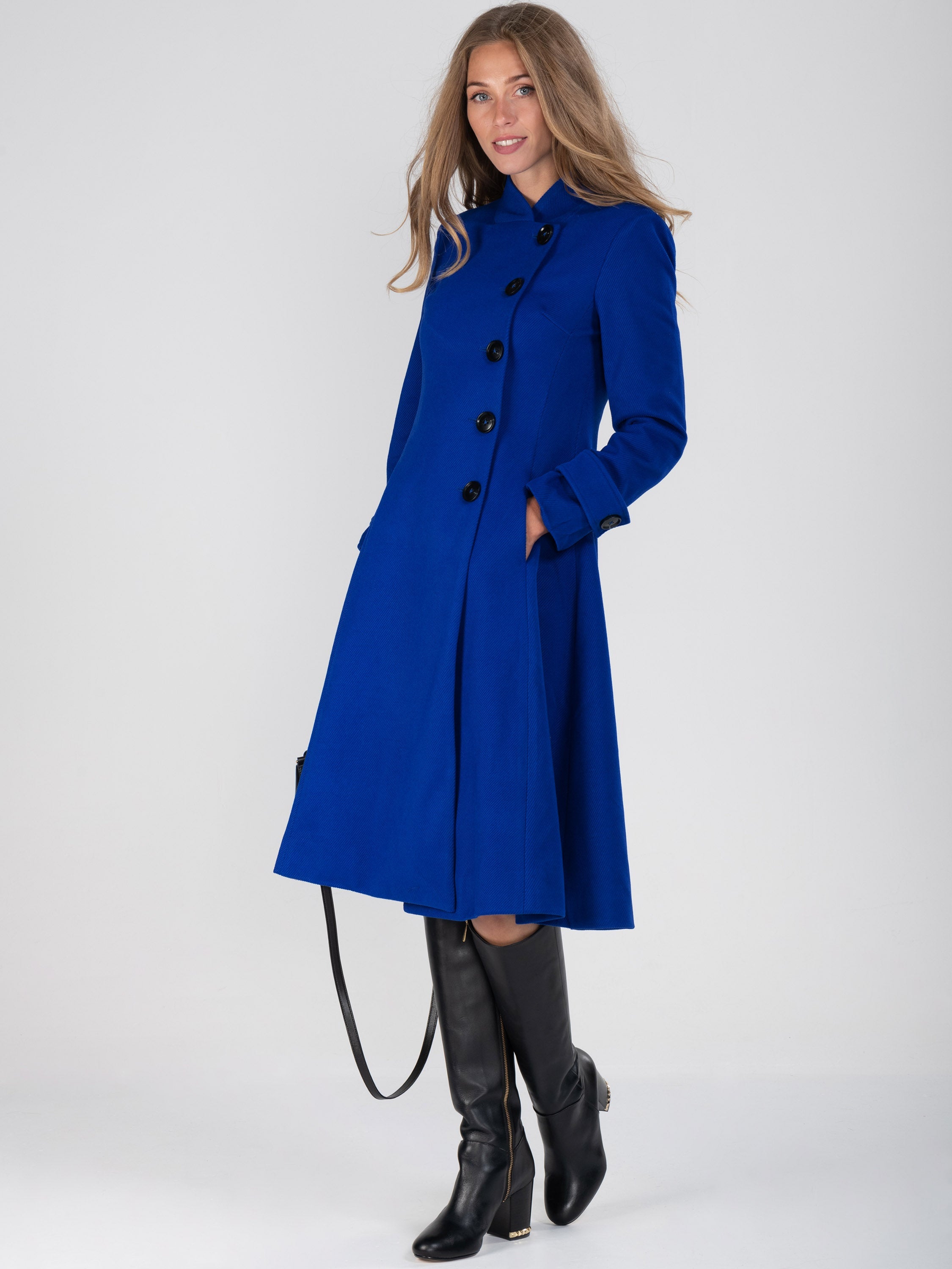 Button Front Flared Coat, Royal Blue