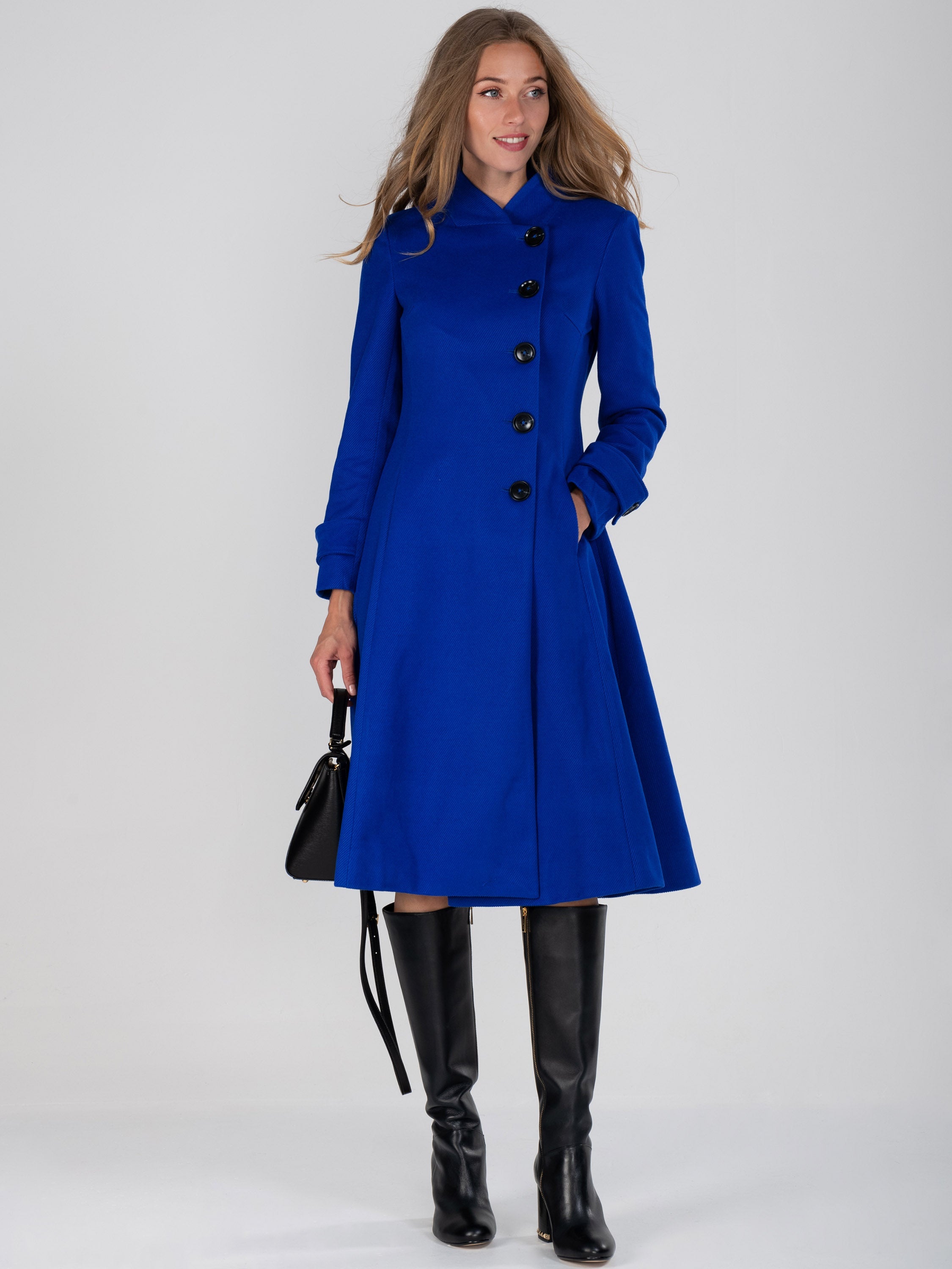 Button Front Flared Coat, Royal Blue