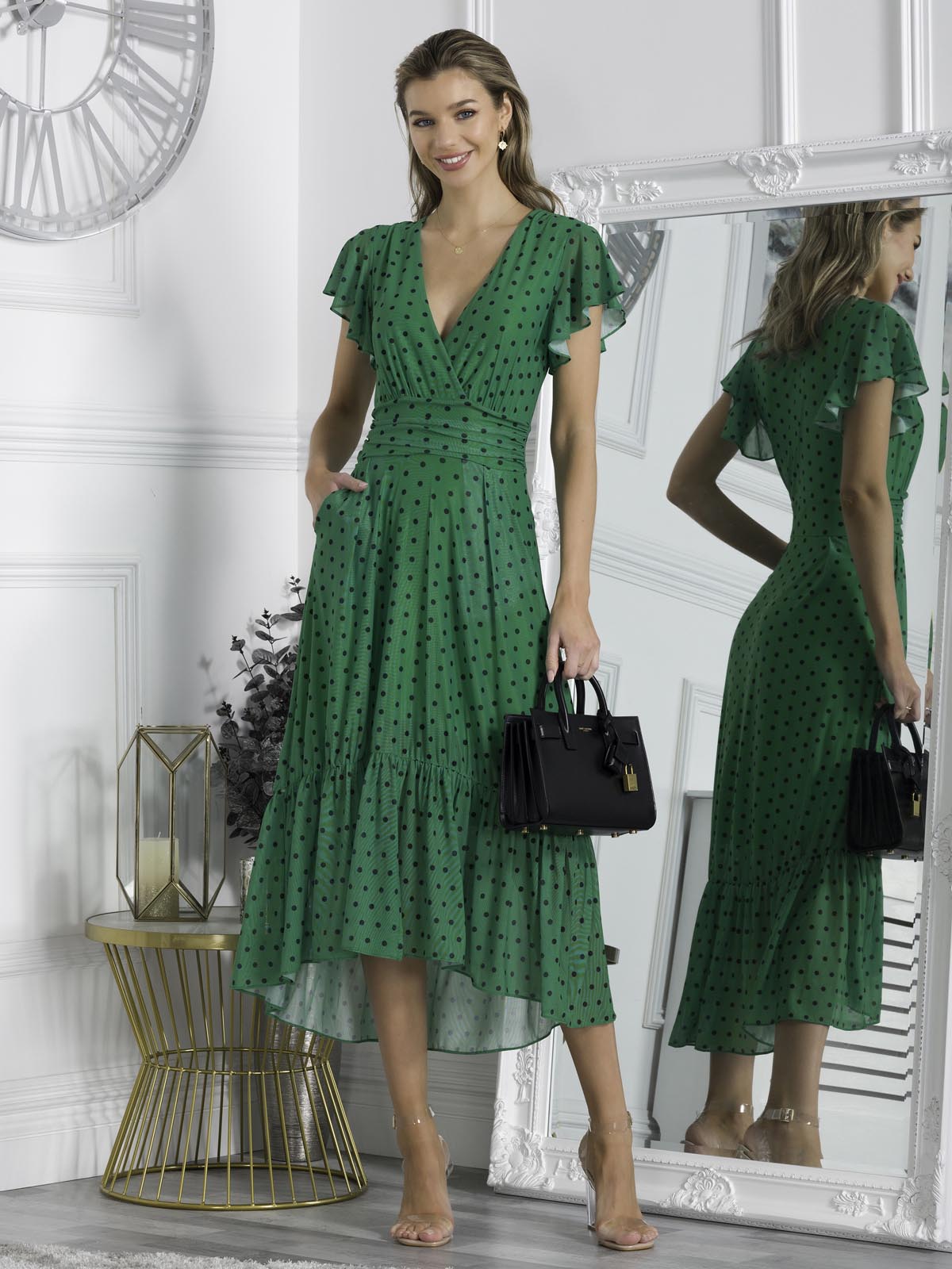 Leena Mesh Cap Sleeve Tiered Maxi Dress, Green Polka