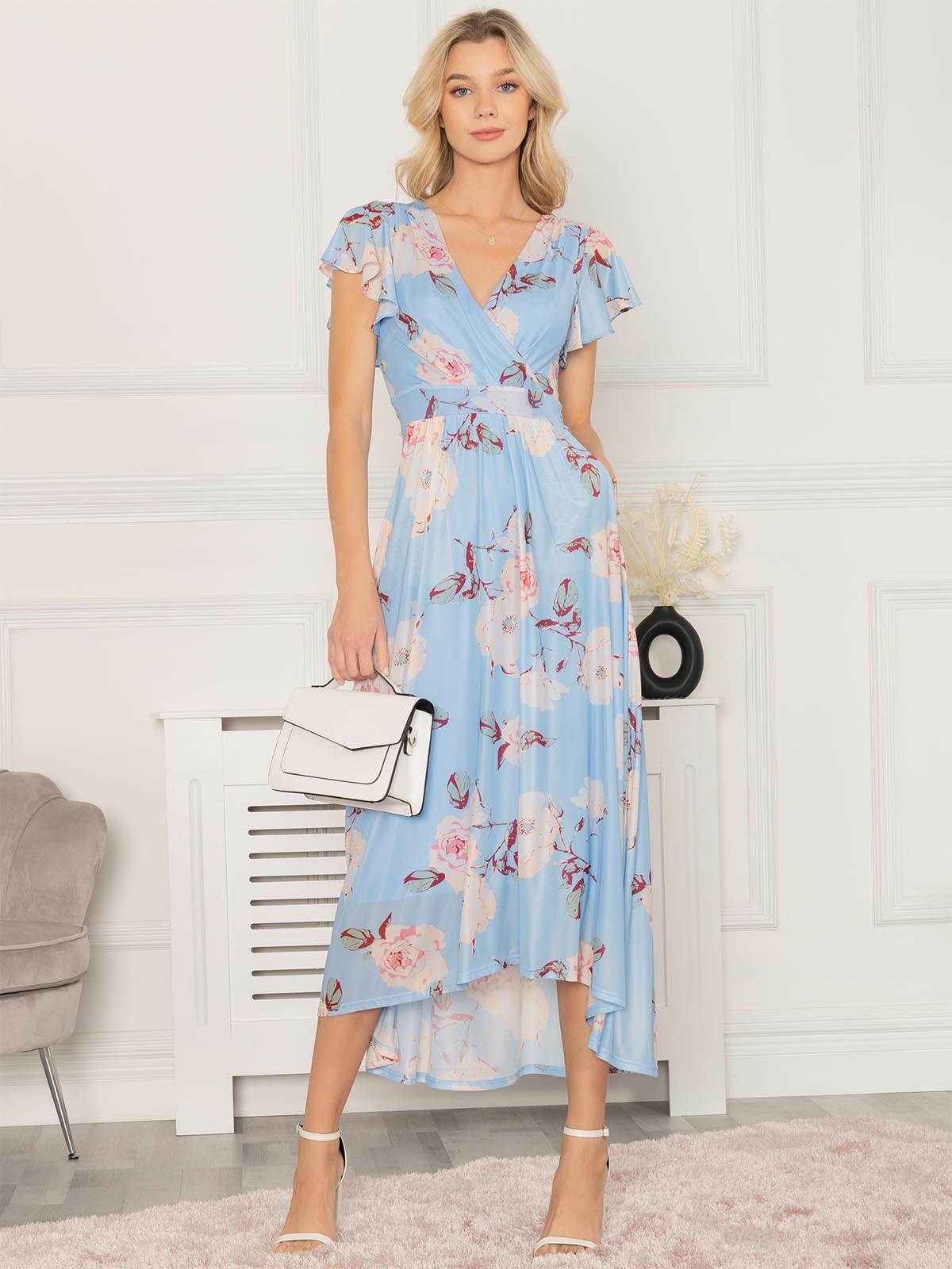 Jolie Moi Eleanor Wrap Mesh Maxi Dress, Blue Multi