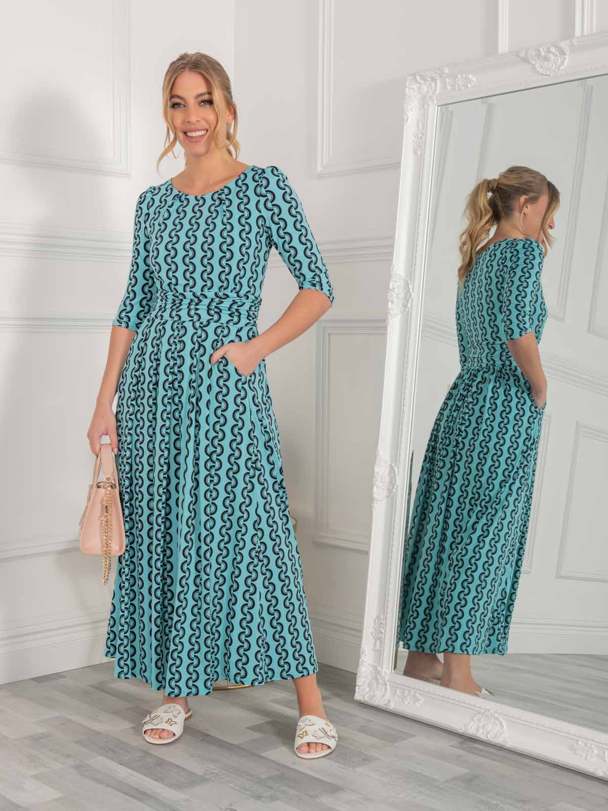 Jolie Moi Cierra 3/4 Sleeve Maxi Dress, Green Geo