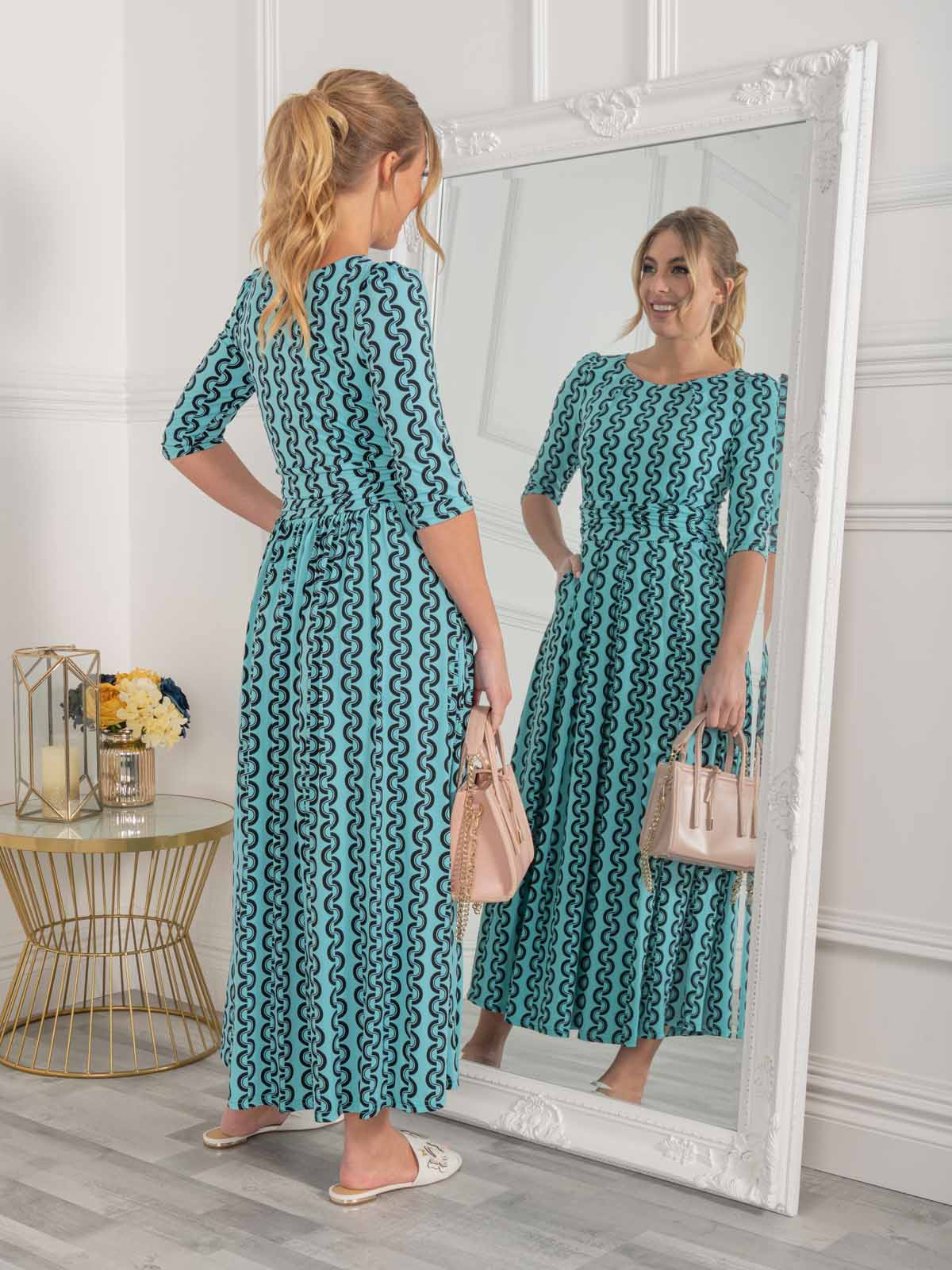 Jolie Moi Cierra 3/4 Sleeve Maxi Dress, Green Geo