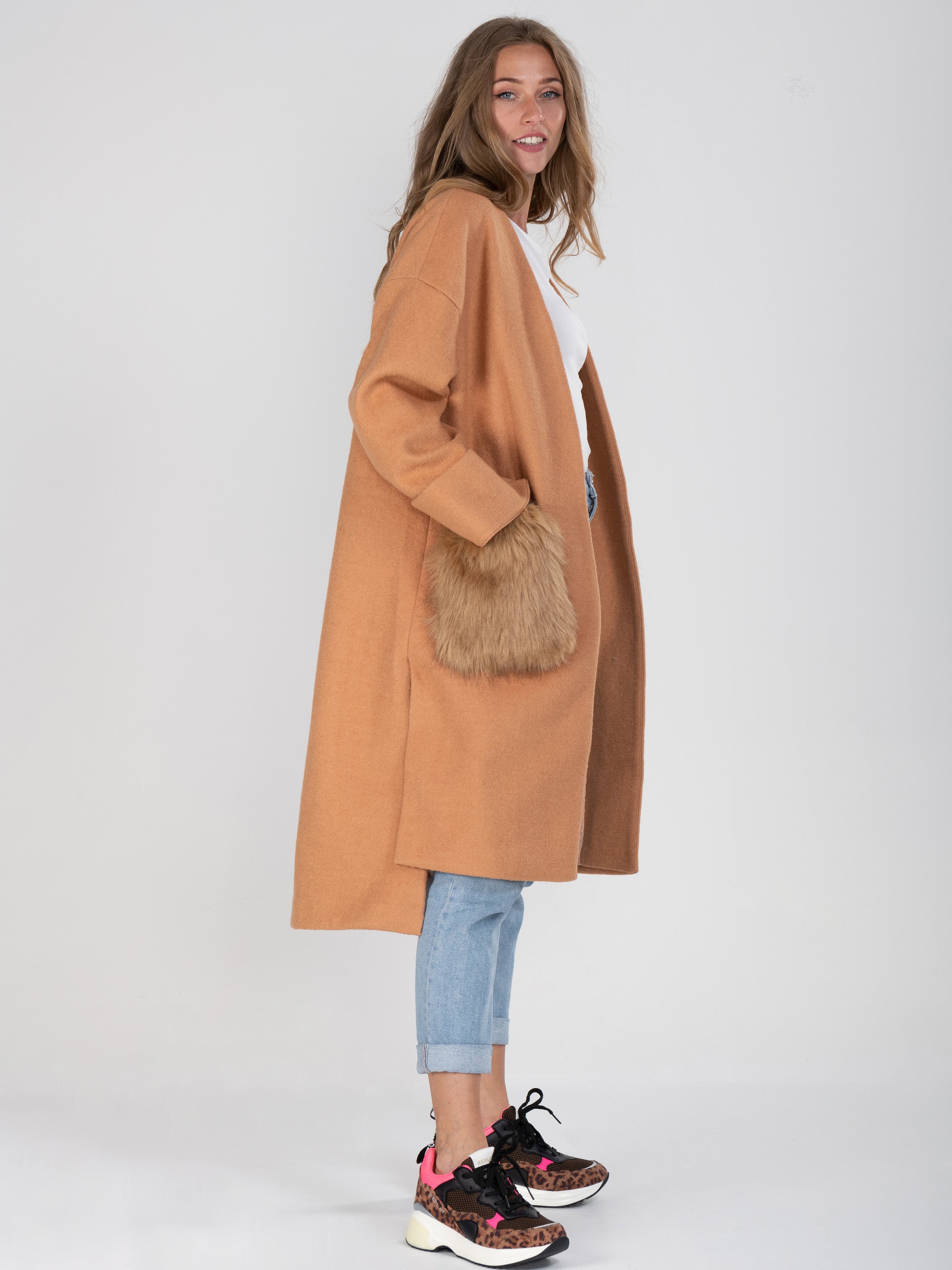 Faux Fur Pocket Padded Inner Coat, Camel