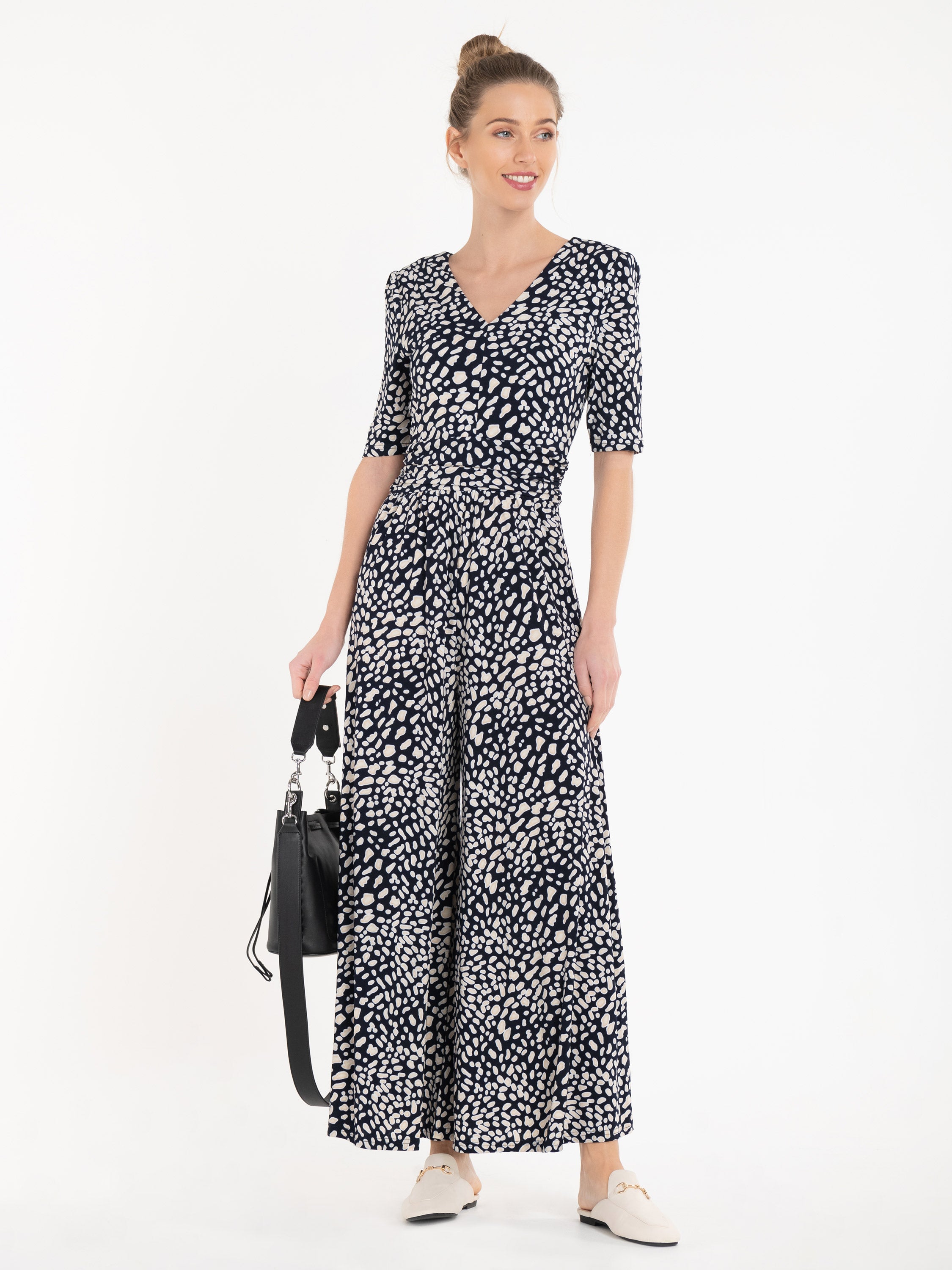 Jolie Moi Bailee Wide Leg Jumpsuit, Navy Animal