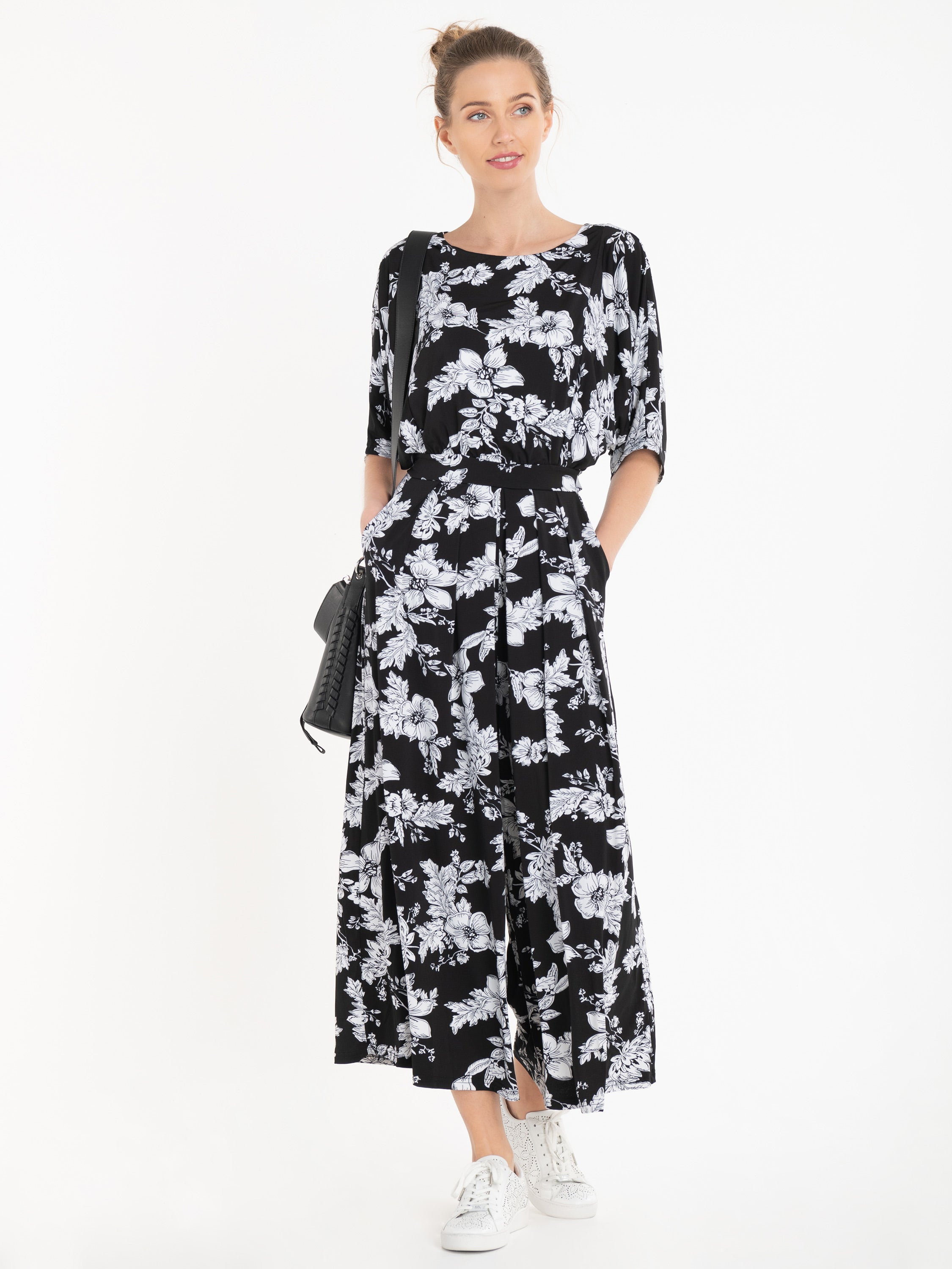 Jolie Moi Cleo Floral Print Jumpsuit, Black Floral