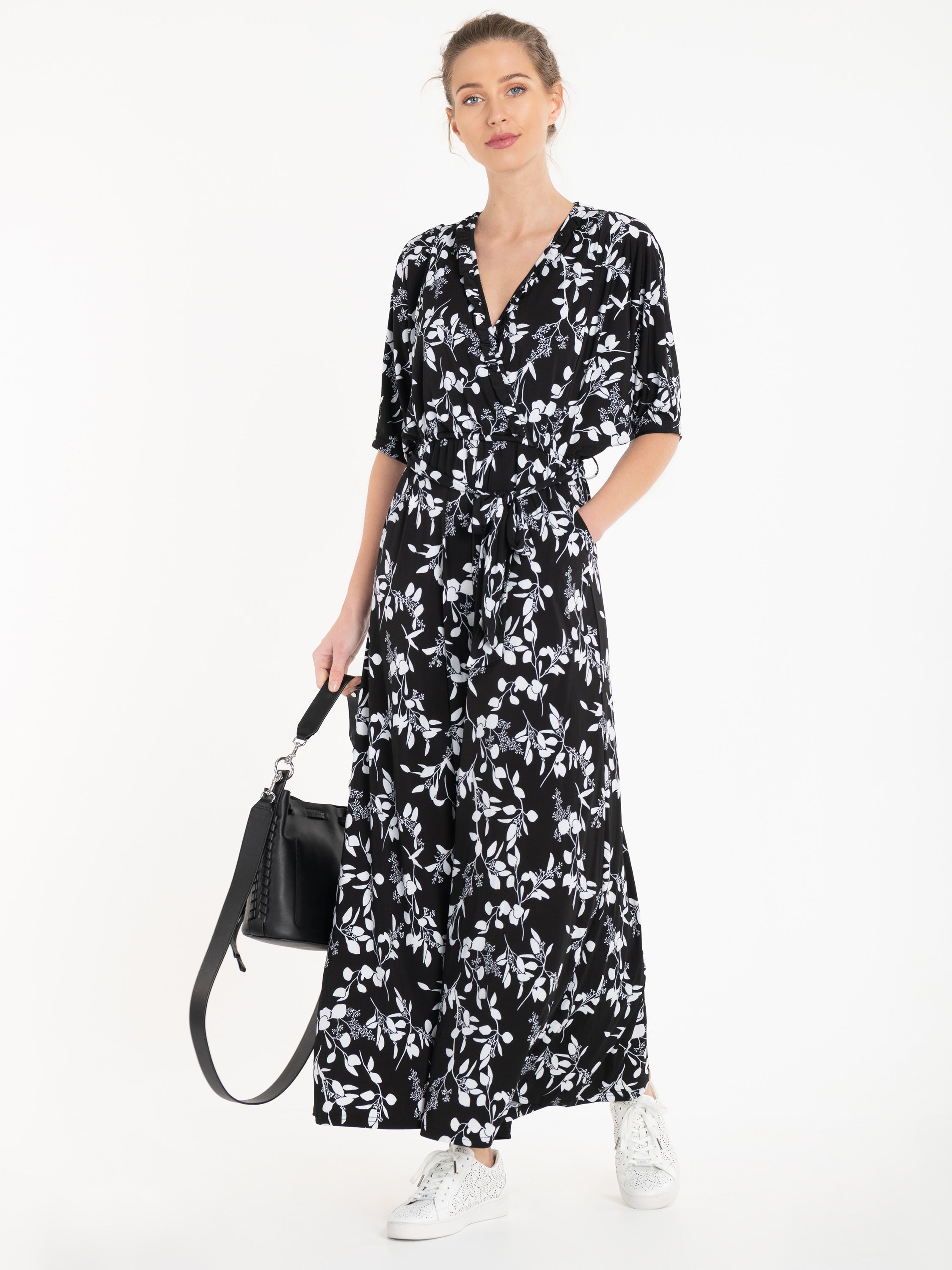 Jolie Moi Bianca Floral Print Jumpsuit, Black/White