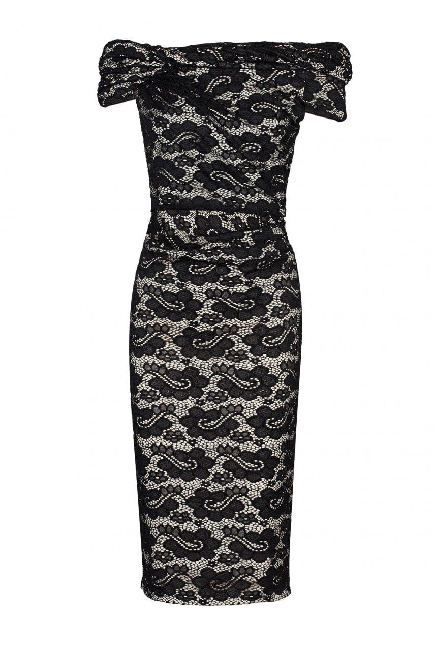 Bardot Neck Lace Dress, Black