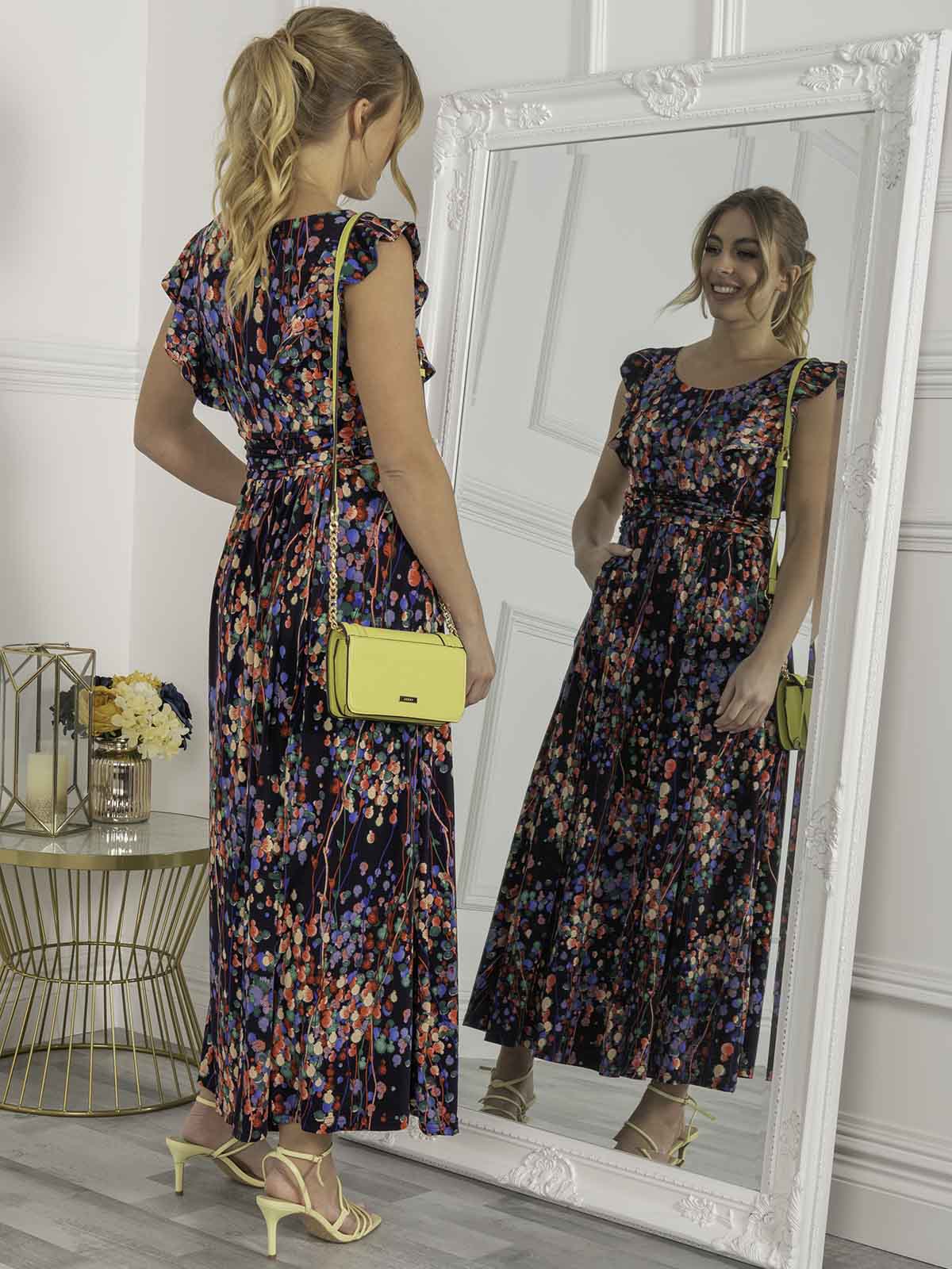 Jolie Moi Adalena Frill Shoulder Maxi Dress, Navy Multi