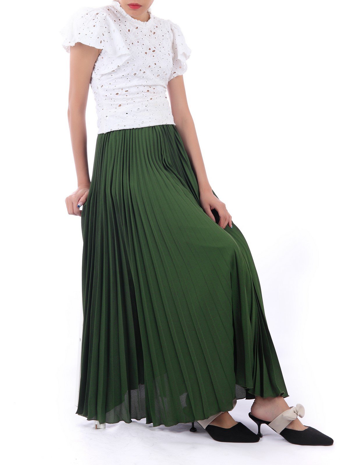 Crepe Pleated Maxi Skirt, Soldier Green