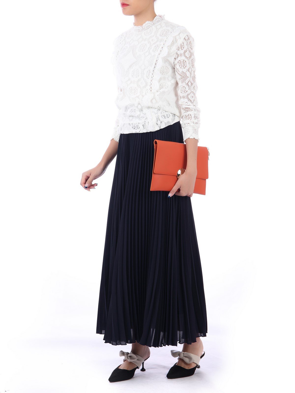 Crepe Pleated Maxi Skirt, Navy