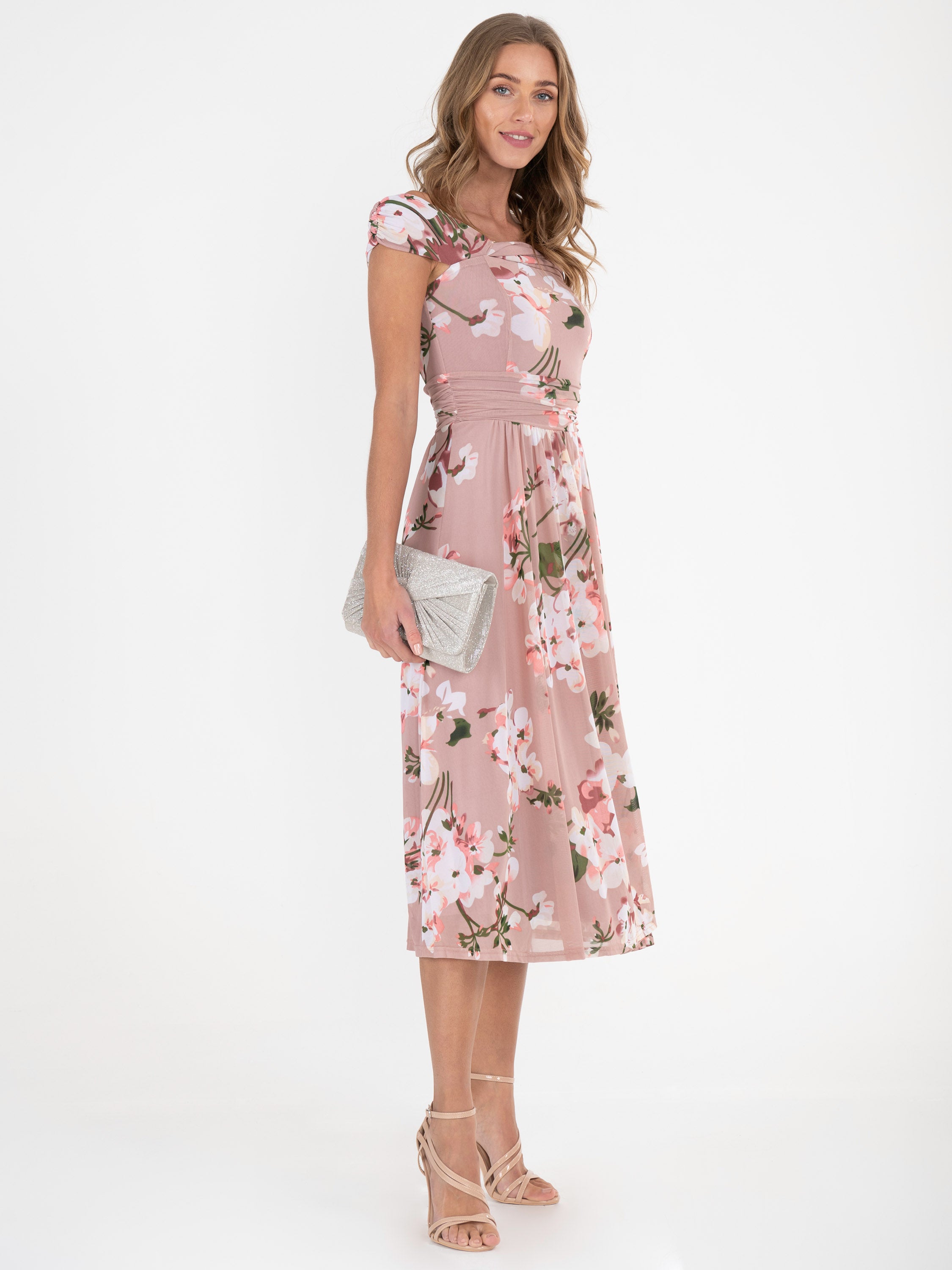 Jolie Moi Bardot Floral Mesh Midi Dress, Pink Floral