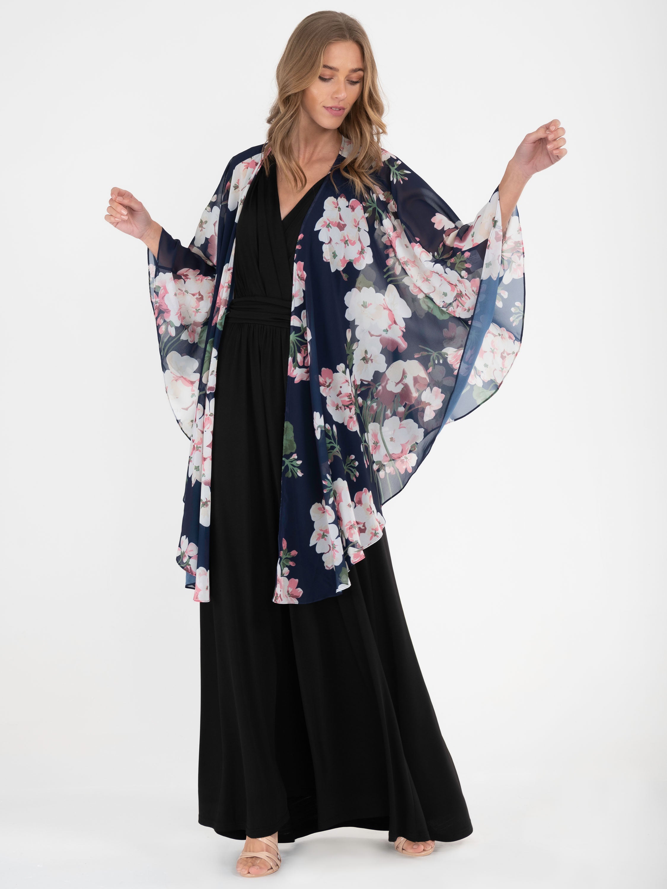 Waterfall Chiffon Shawl, Navy Floral