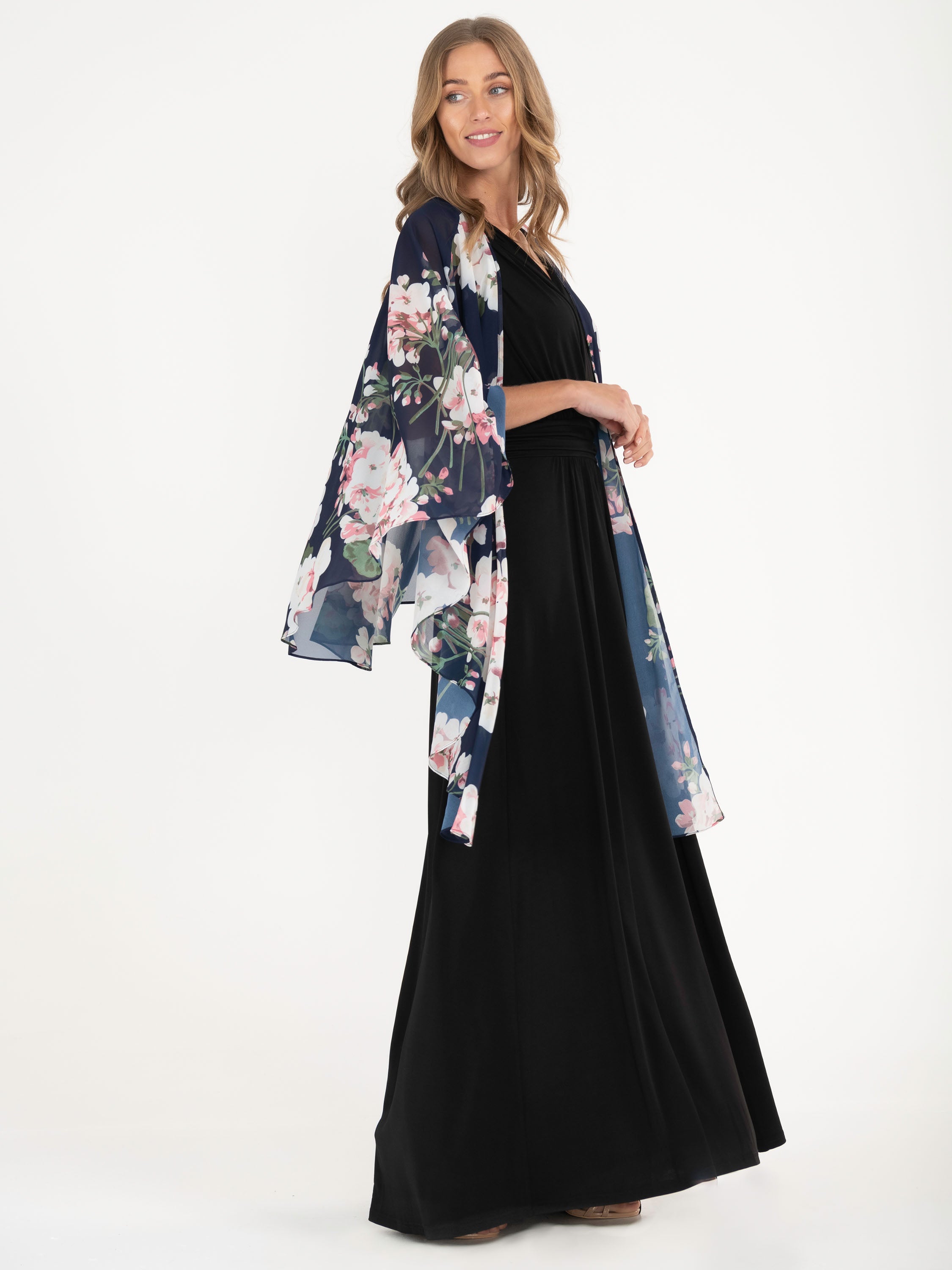 Waterfall Chiffon Shawl, Navy Floral