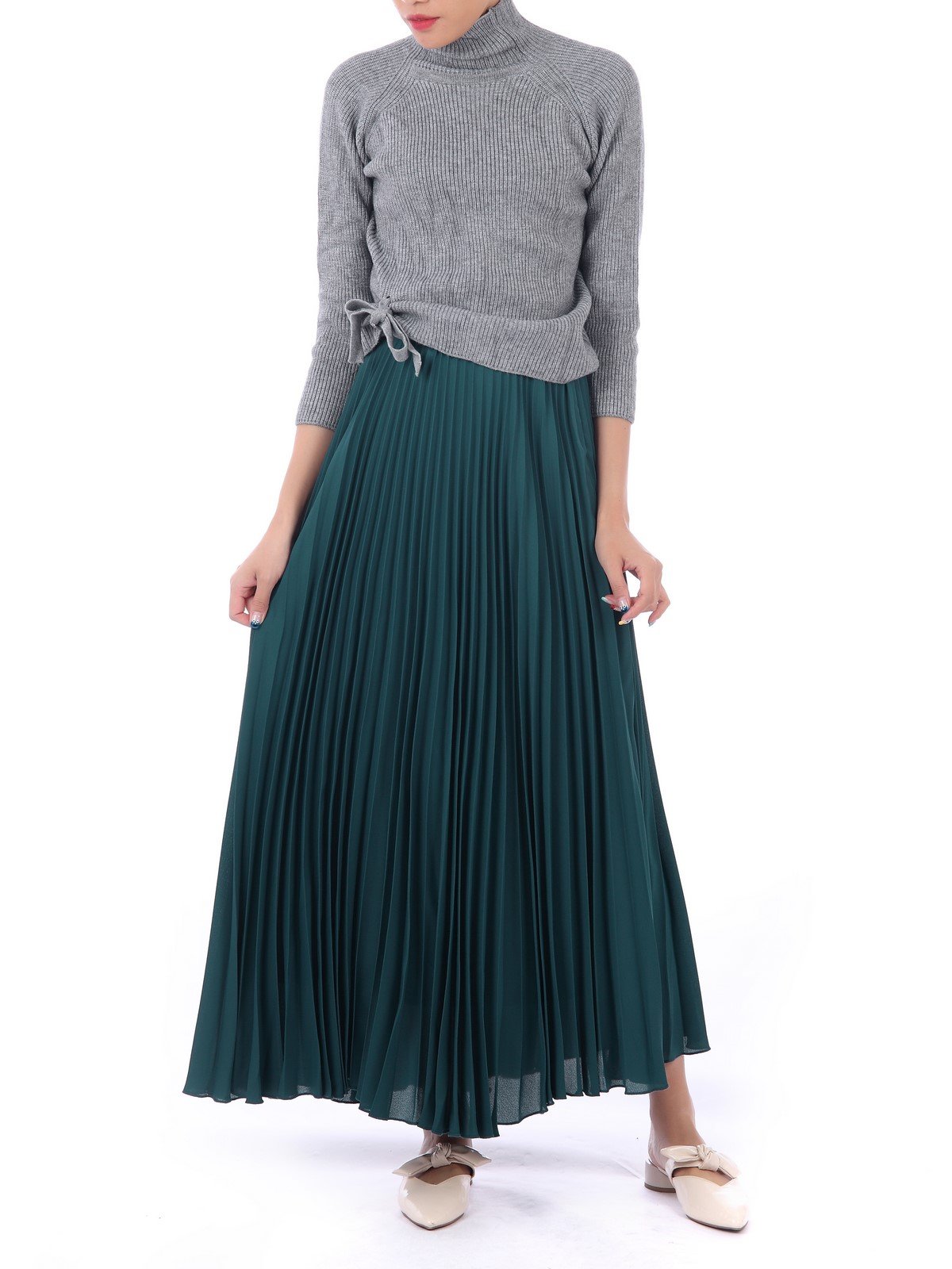 Crepe Pleated Maxi Skirt, Teal