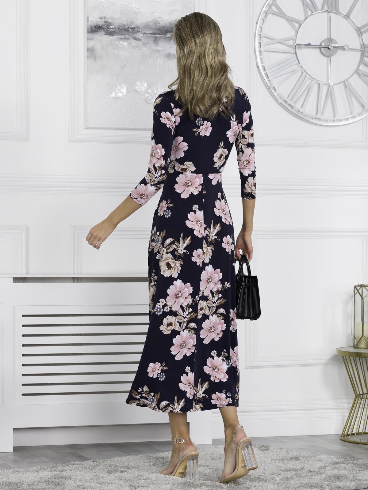 Quintella Jersey Side Split Maxi Dress, Navy Floral