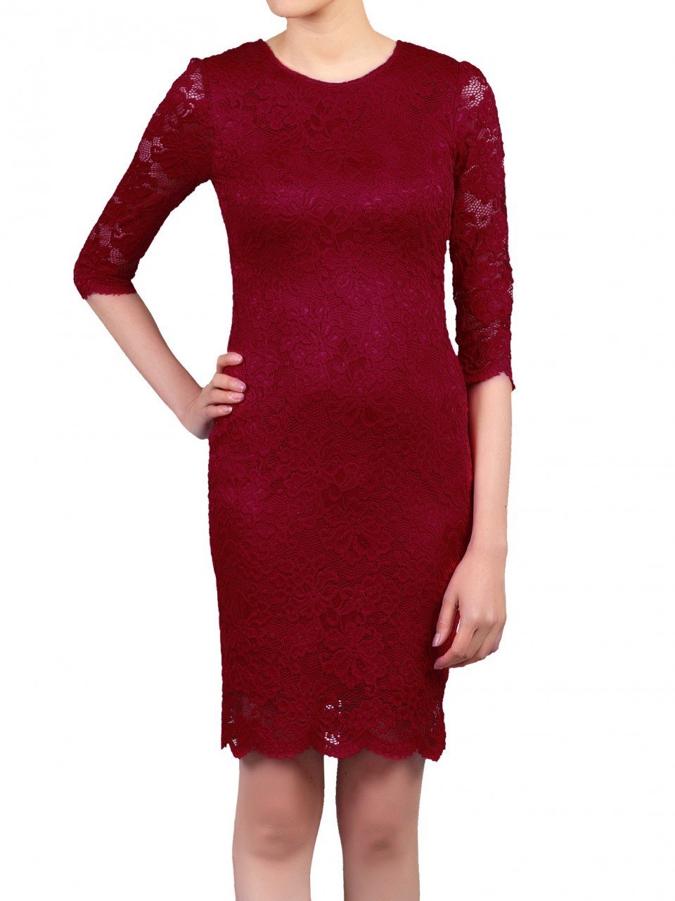 Scalloped Lace Bodycon Dress, Red