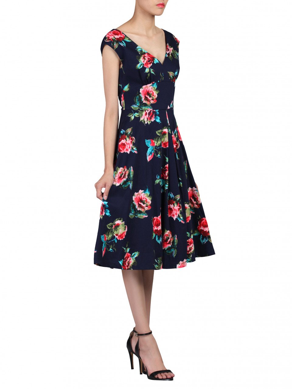 Sweetheart Neckline Floral 50s Swing Dress, Navy Floral