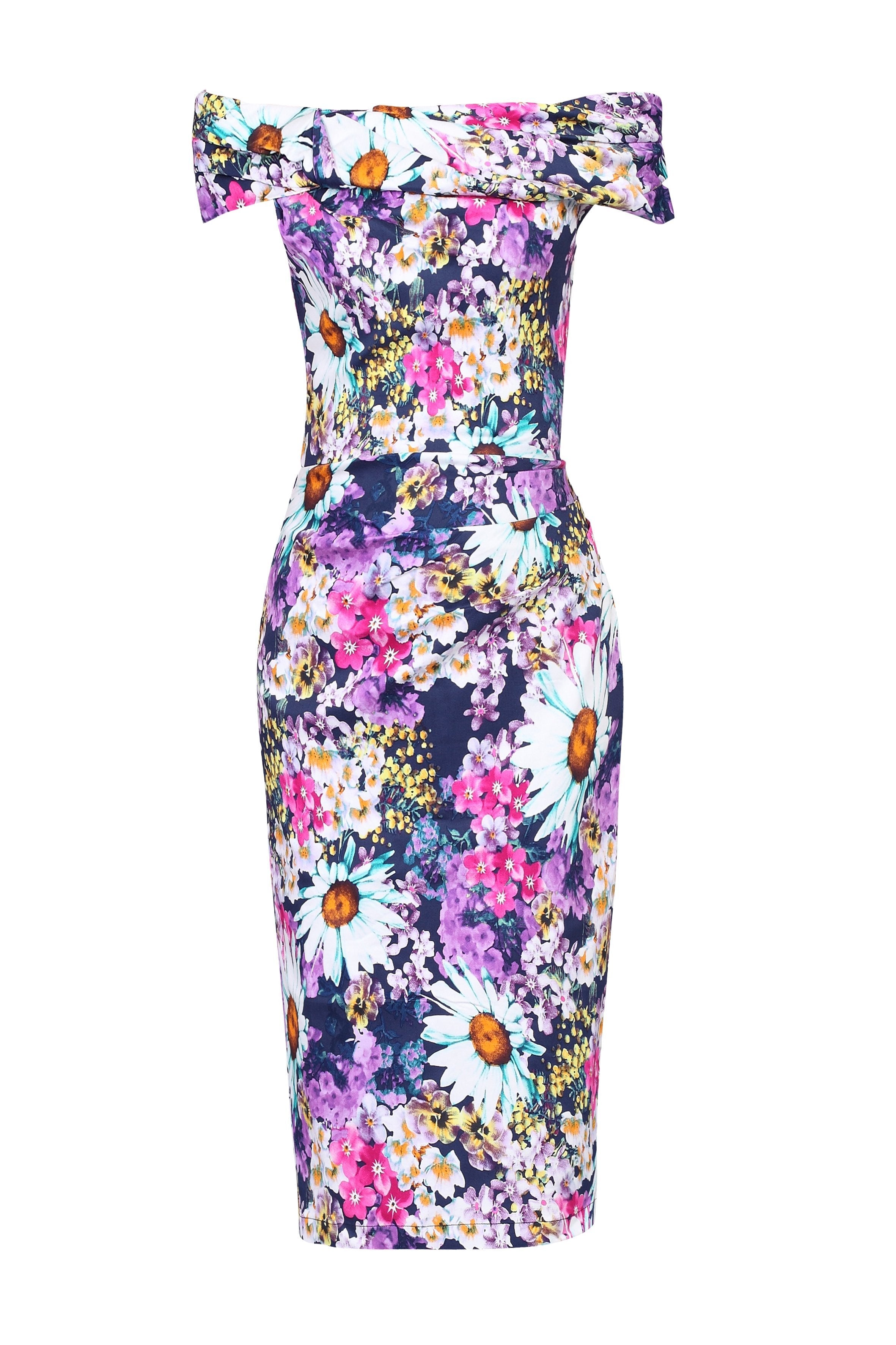 Floral Print Bardot Dress, Purple