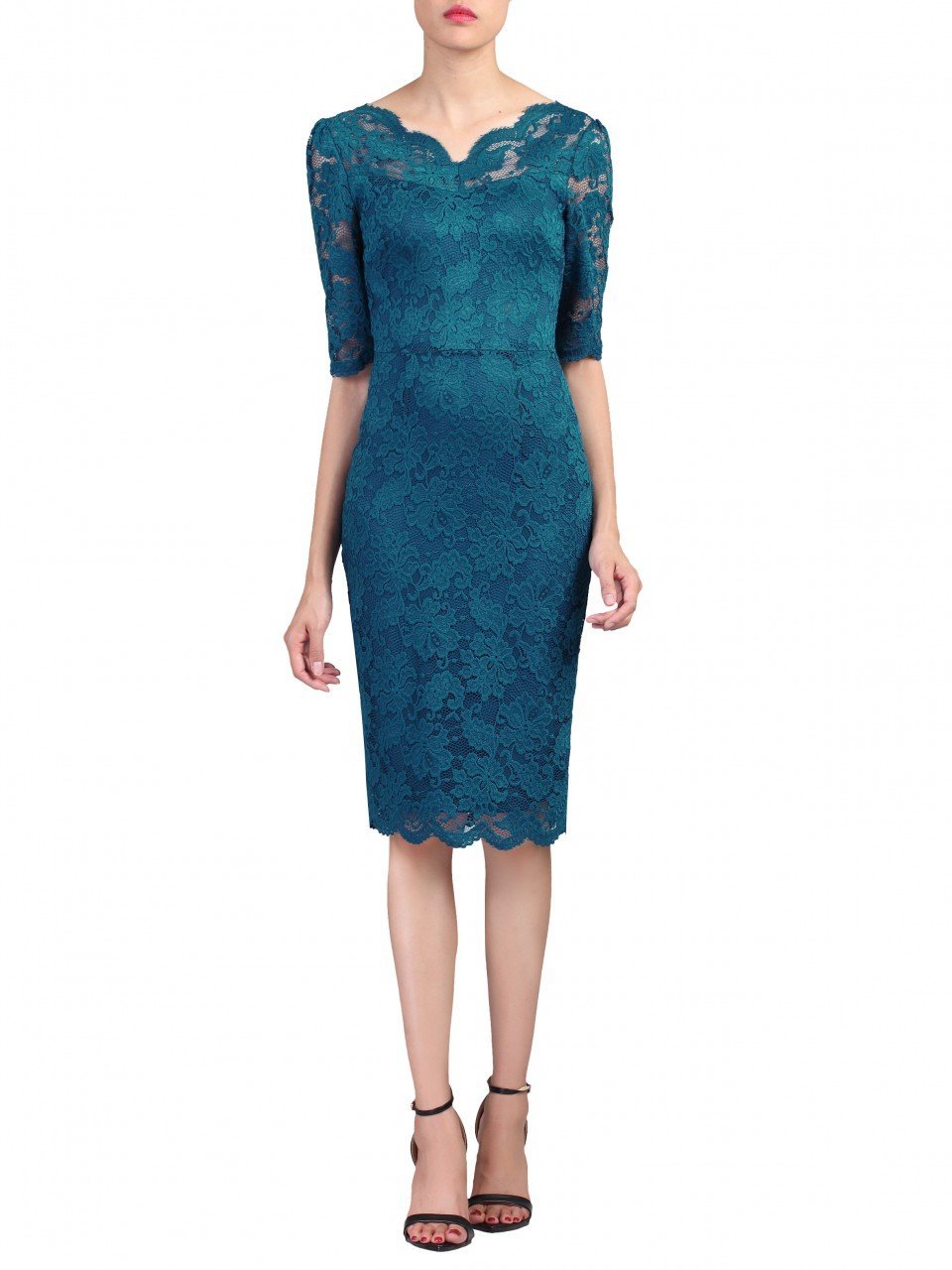 Teal 3/4 Sleeve Lace Bodycon Dress