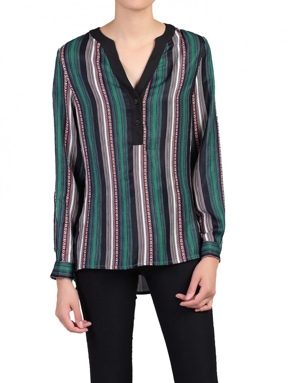 V-Neck Striped Blouse, Green Multi