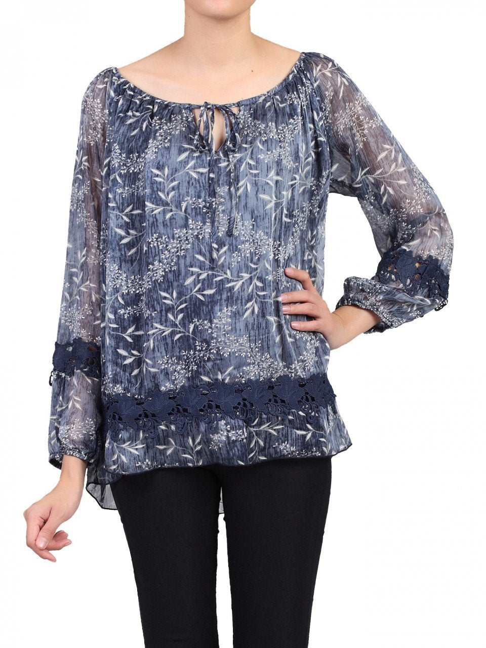 Crochet Lace Insert Blouse, Blue