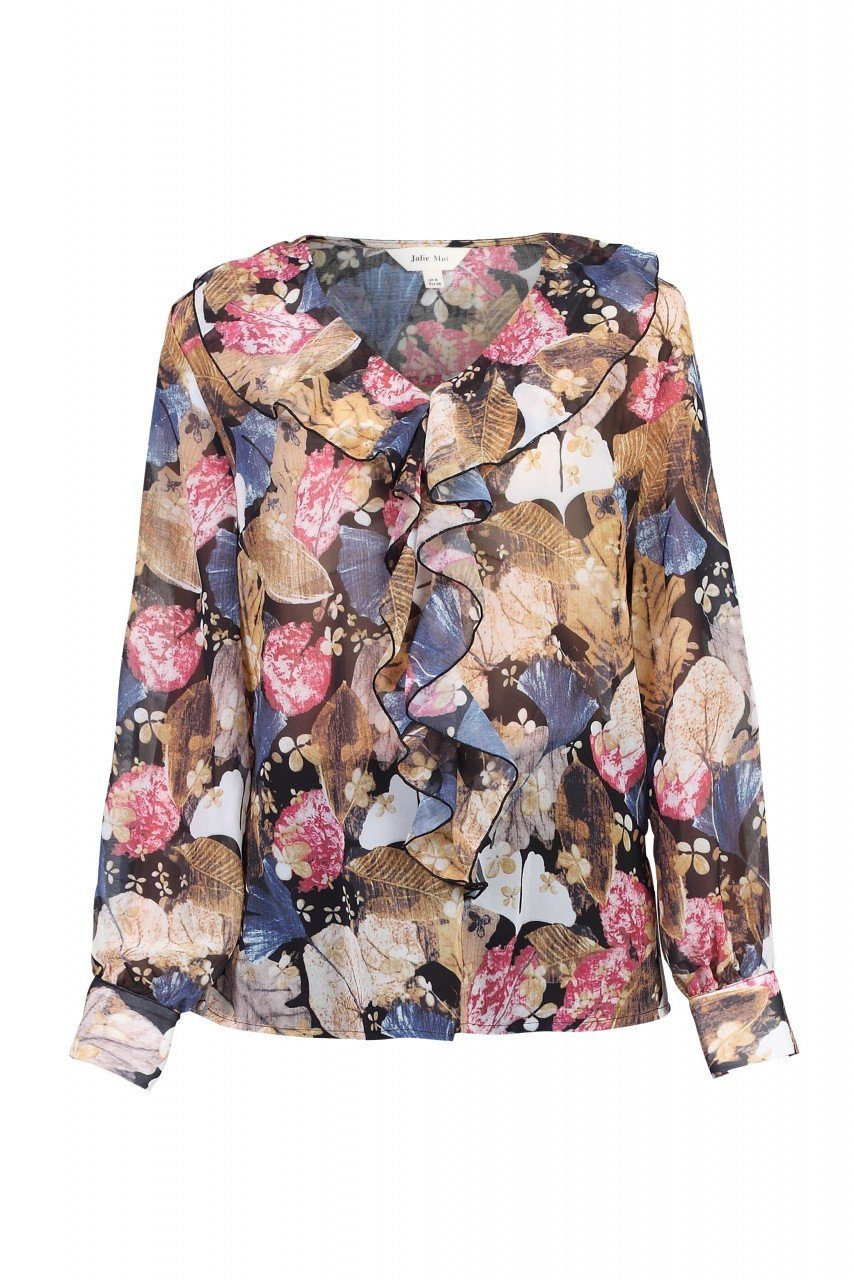 Floral Frilly V-Neck Chiffon Blouse, Khaki Pattern