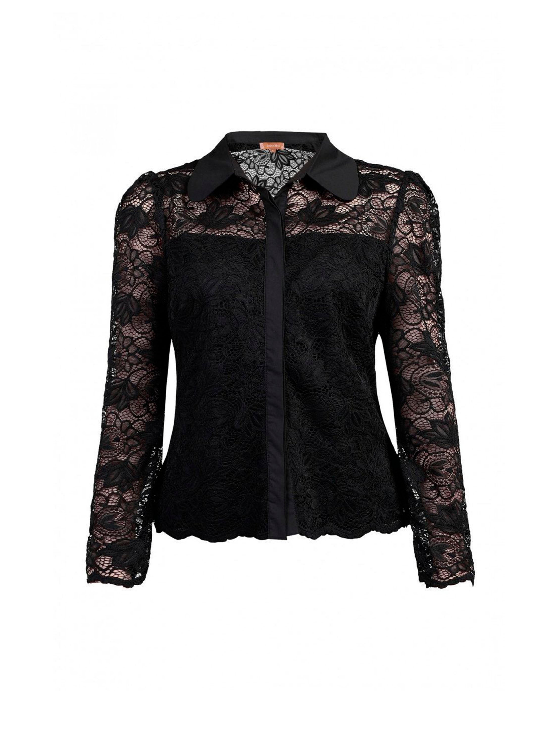 Flare Sleeved Button Front Lace Blouse, Black