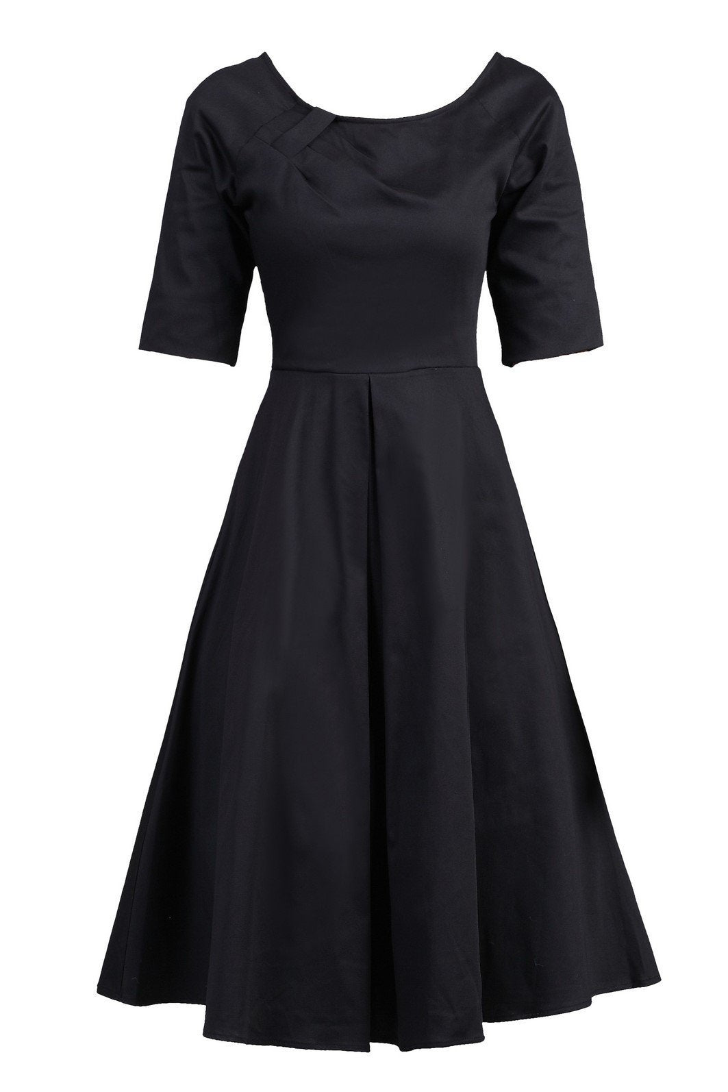 Scoop Neck Half Sleeved Retro Swing Dress, Black