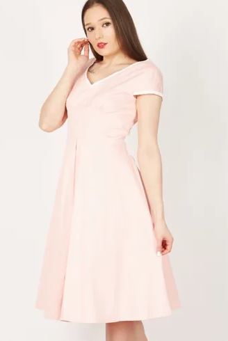 Jolie Moi - Light Pink Trimmed V Neck Cap Sleeves Swing Dress