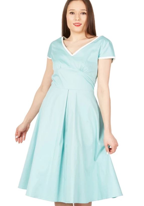 Jolie Moi - Light Green Trimmed V Neck Cap Sleeves Swing Dress