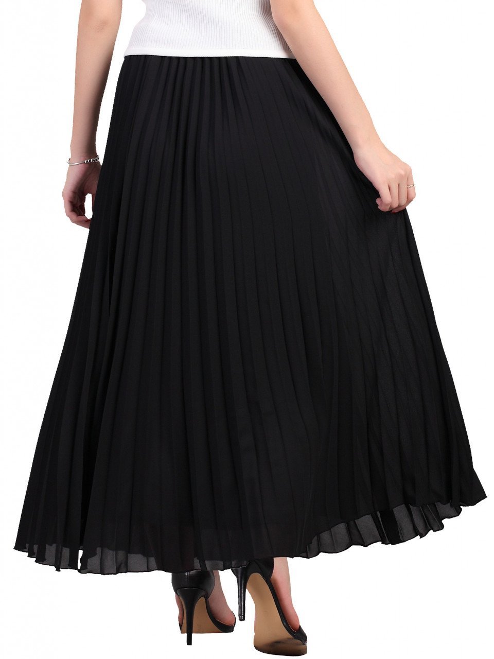 Pleated Crepe Maxi Skirt, Black