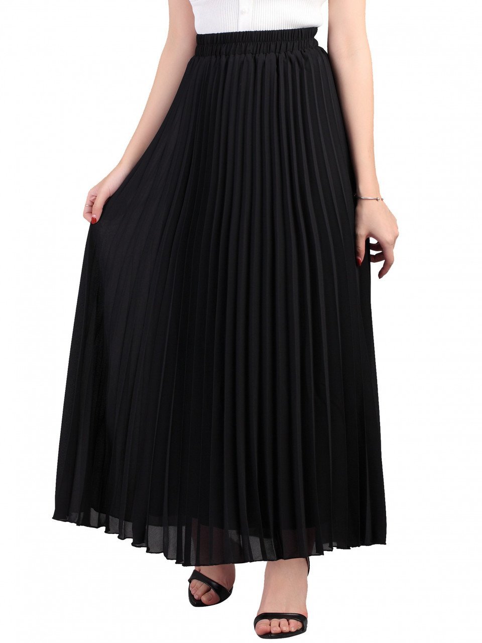 Pleated Crepe Maxi Skirt, Black