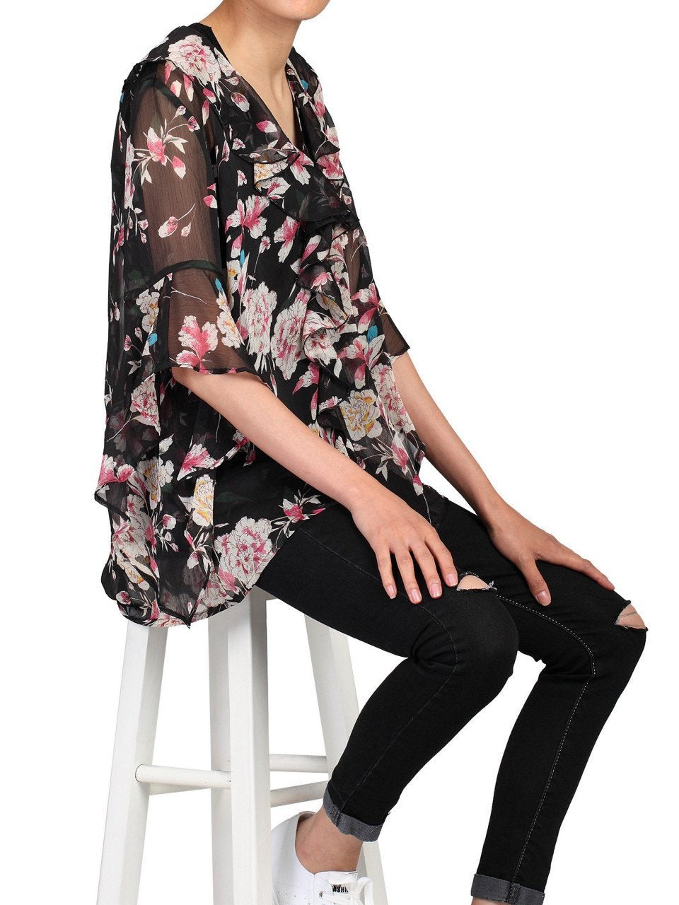 Flare Sleeve Blouse, Black Floral