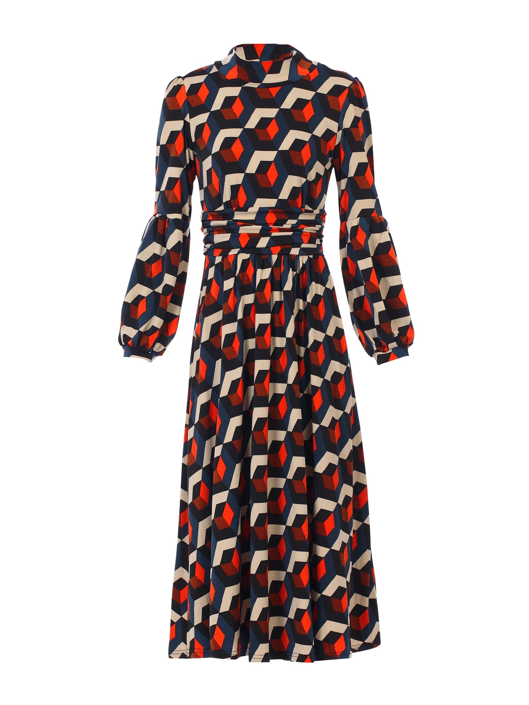 Polo Neck Long Sleeve Midi Dress, Navy/Orange Geo