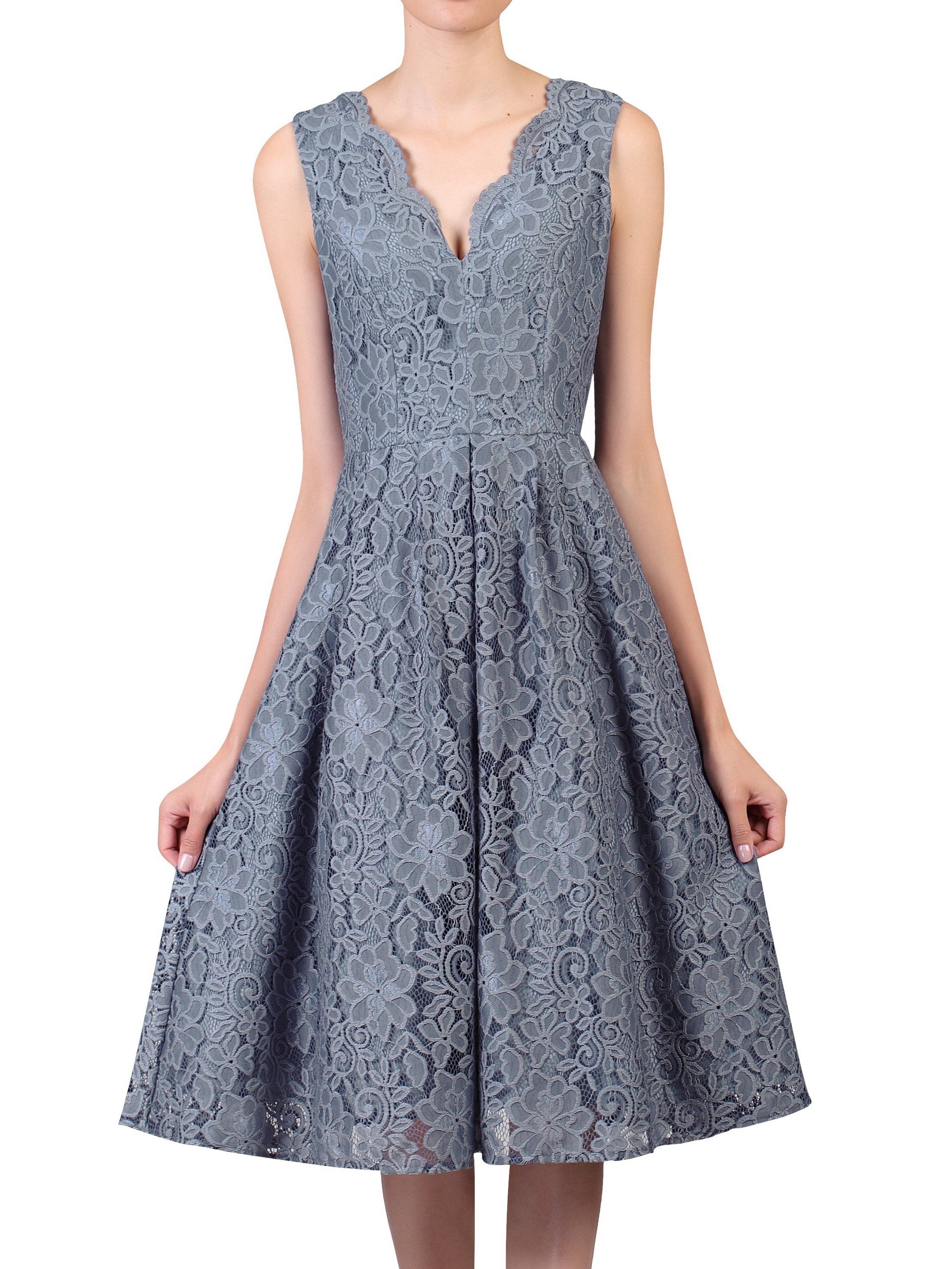 Scalloped V Neck Lace Prom Dress, Bluish Grey