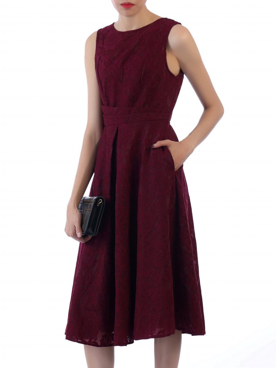 Jolie Moi Bonded Lace Flare Dress, Burgundy