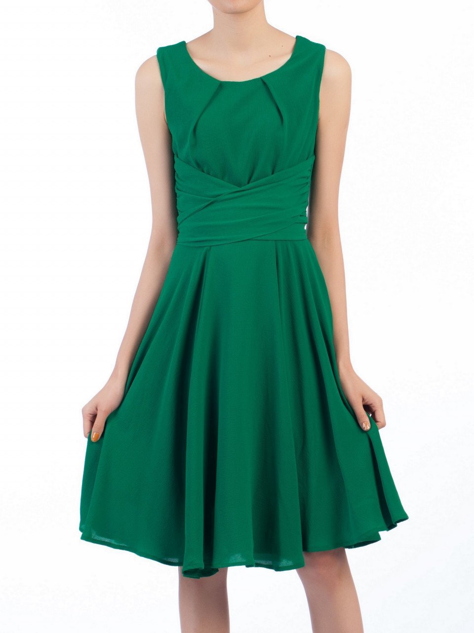 Green Wrap Belted Skater Dress