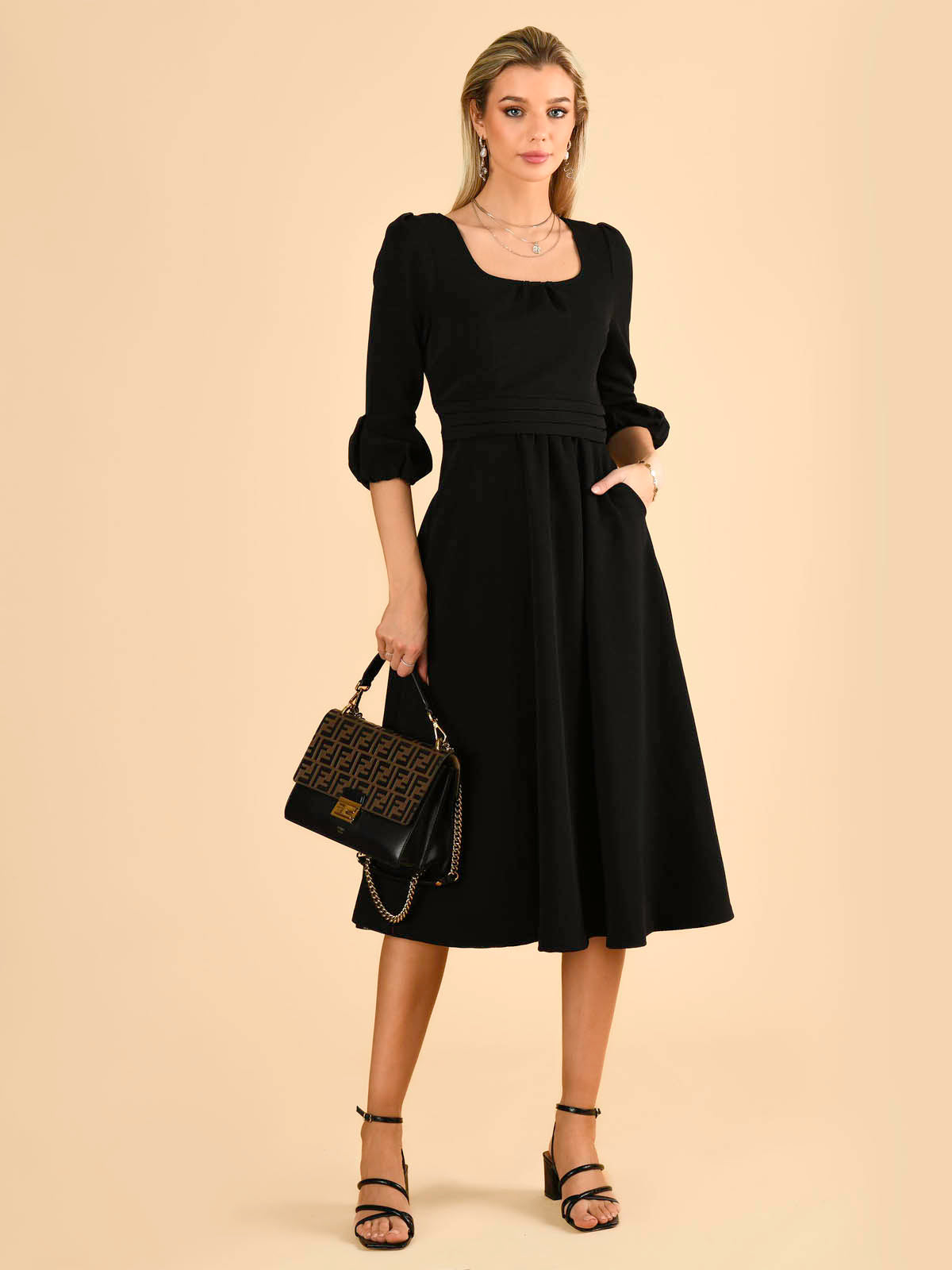 Jolie Moi Bell Sleeve Midi Dress, Black