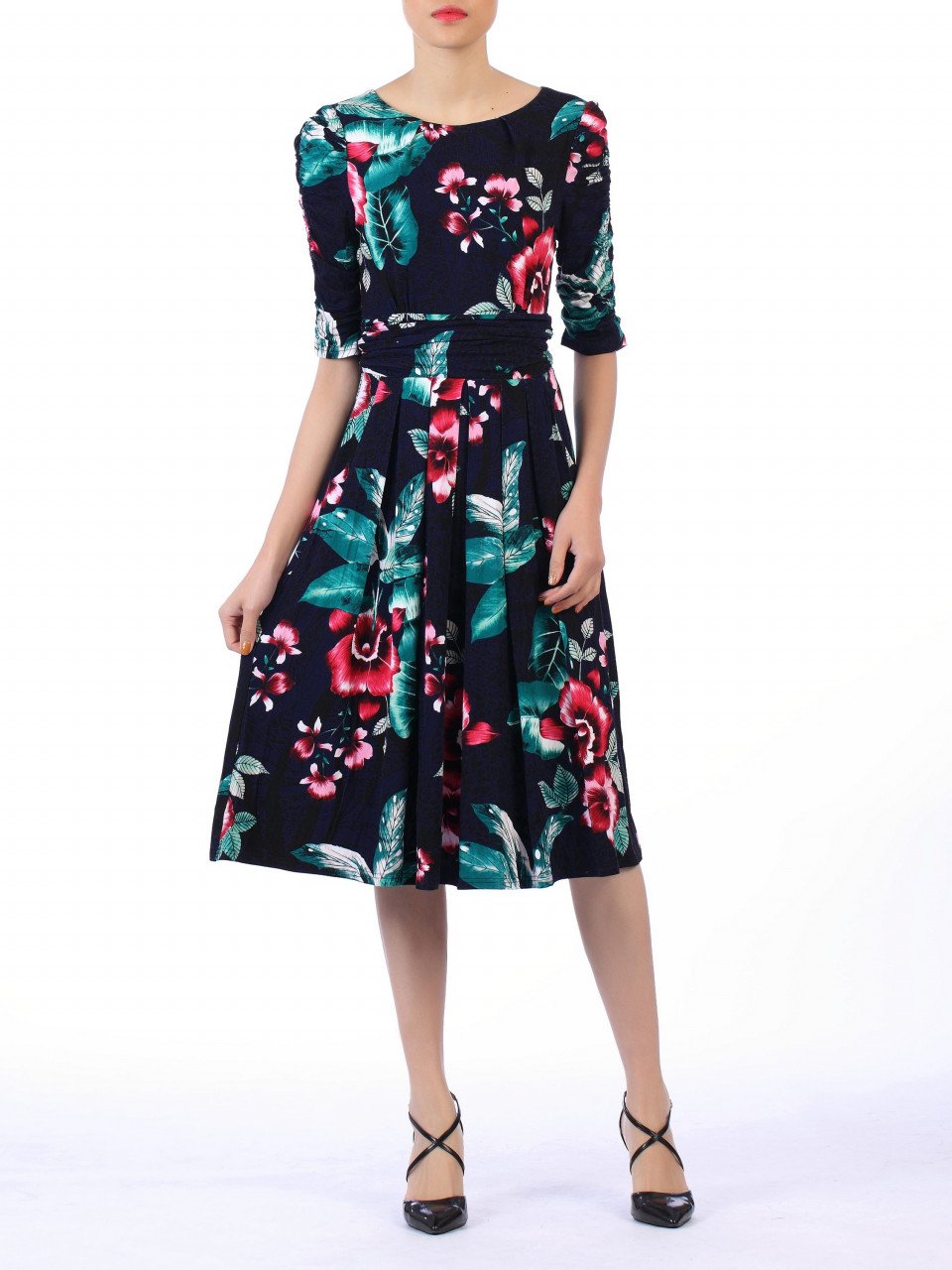 Floral Print Midi Viscose Dress, Navy