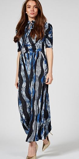 High Neck Tie Front Maxi Dress, Black Multi