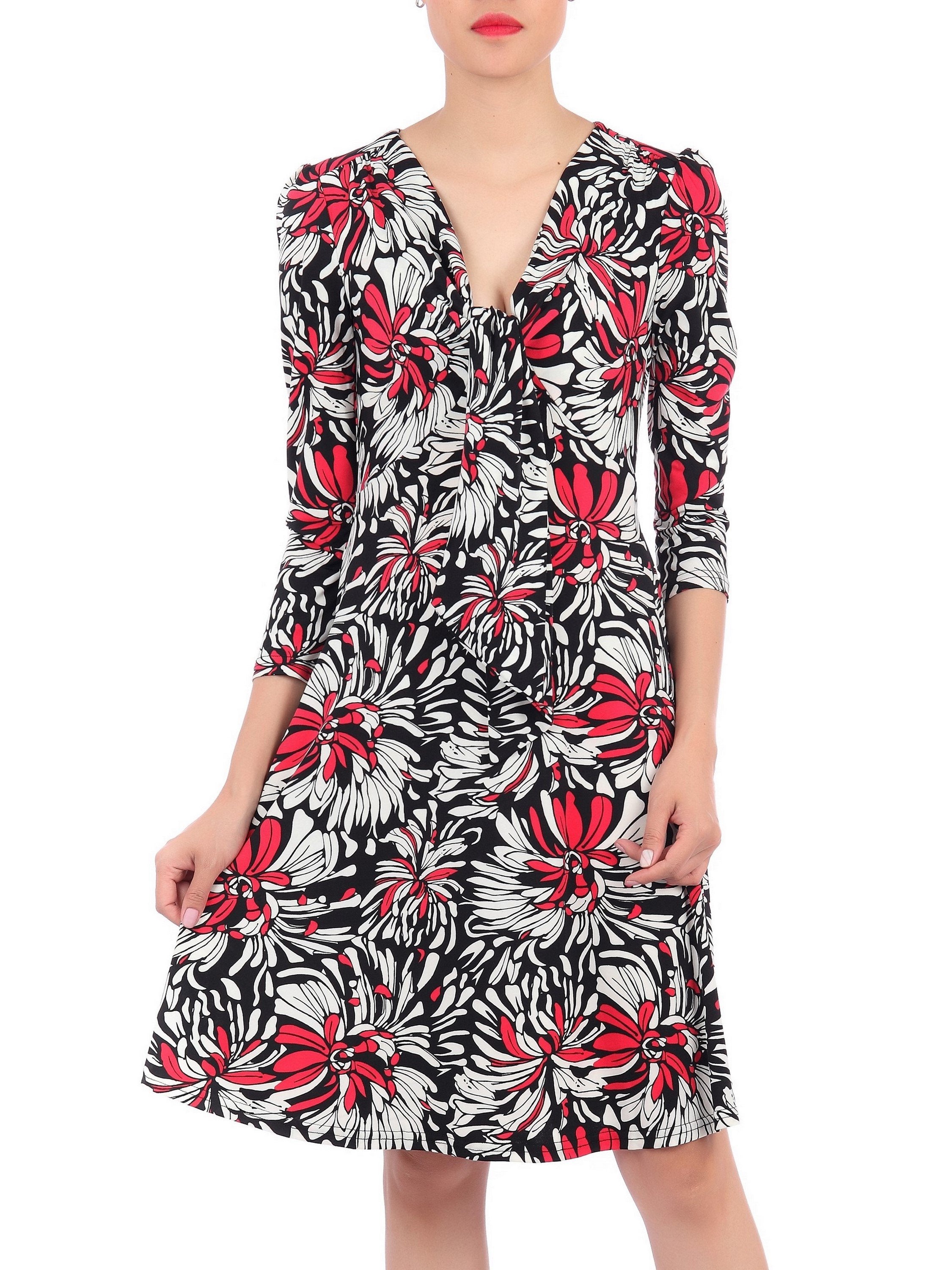 Jolie Moi Print Long Sleeve Tie Front Dress, Black Multi