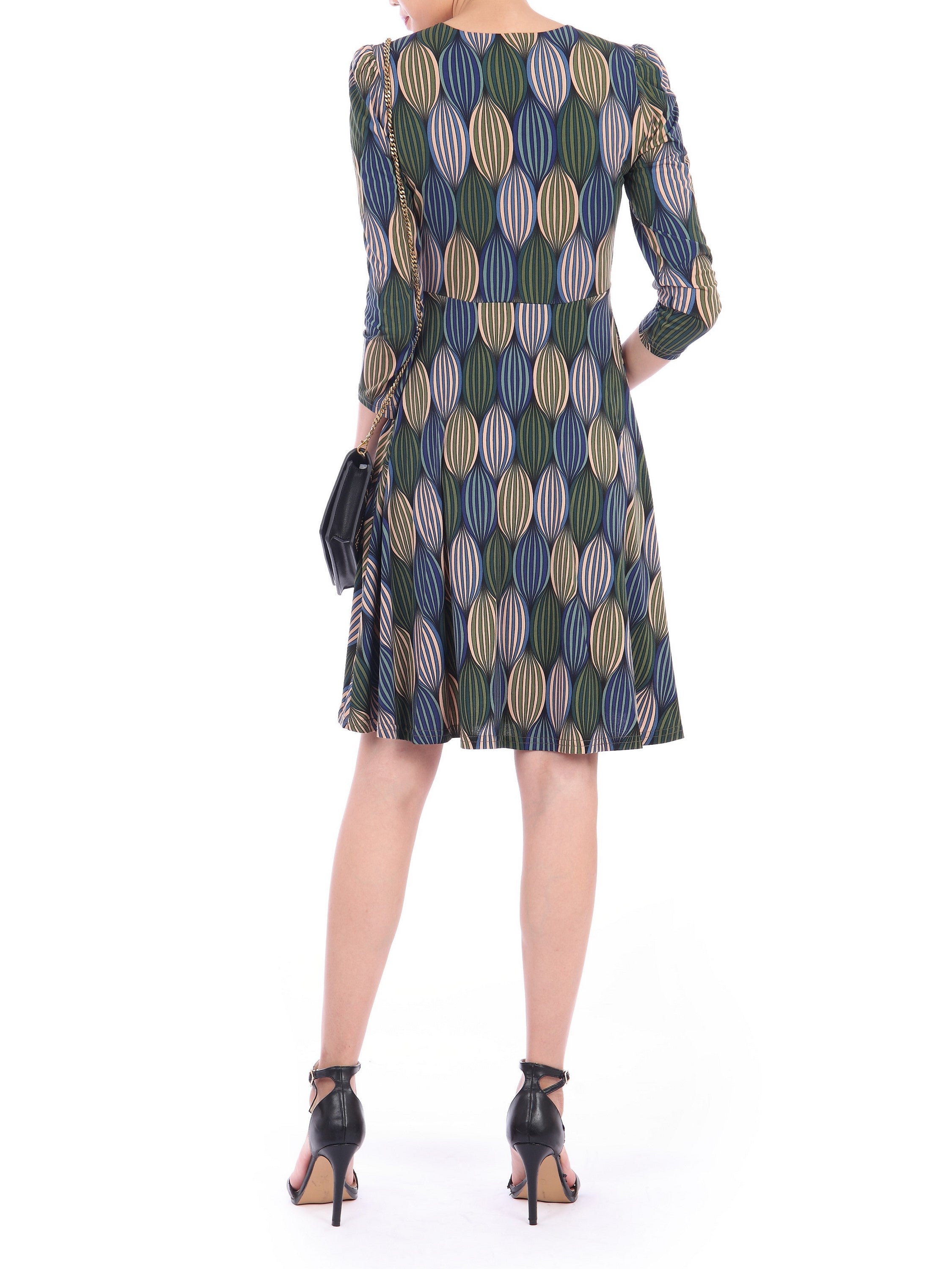 Print Long Sleeve Tie Front Dress, Blue Multi