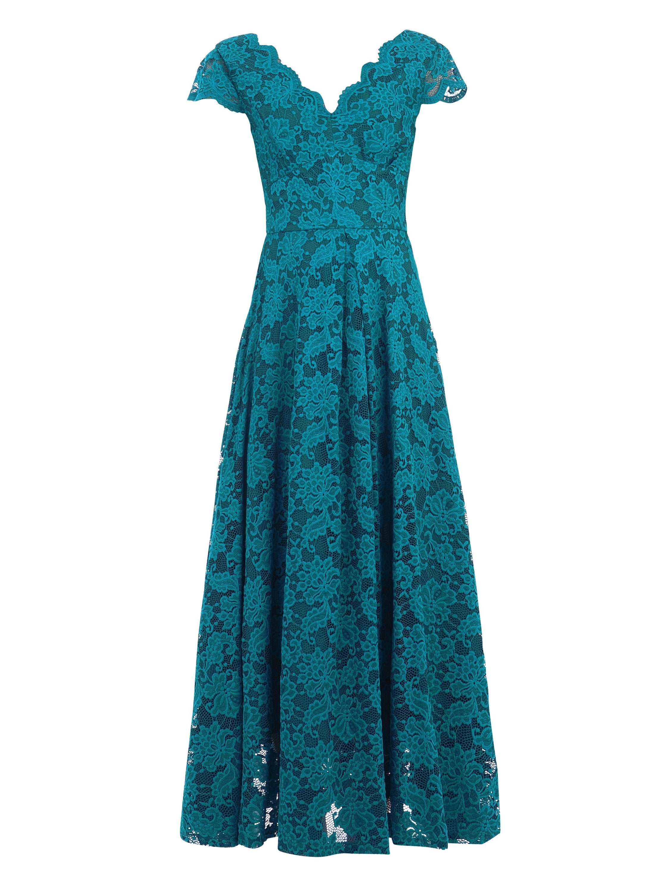 Scallop V-Neck Lace Maxi Dress, Dark Teal