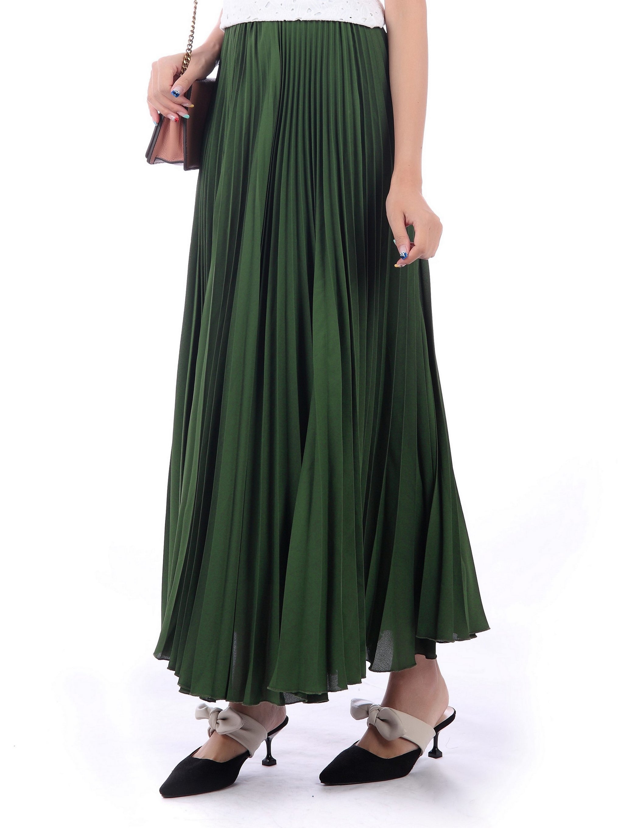 Pleated Crepe Maxi Skirt, Soldier Green 